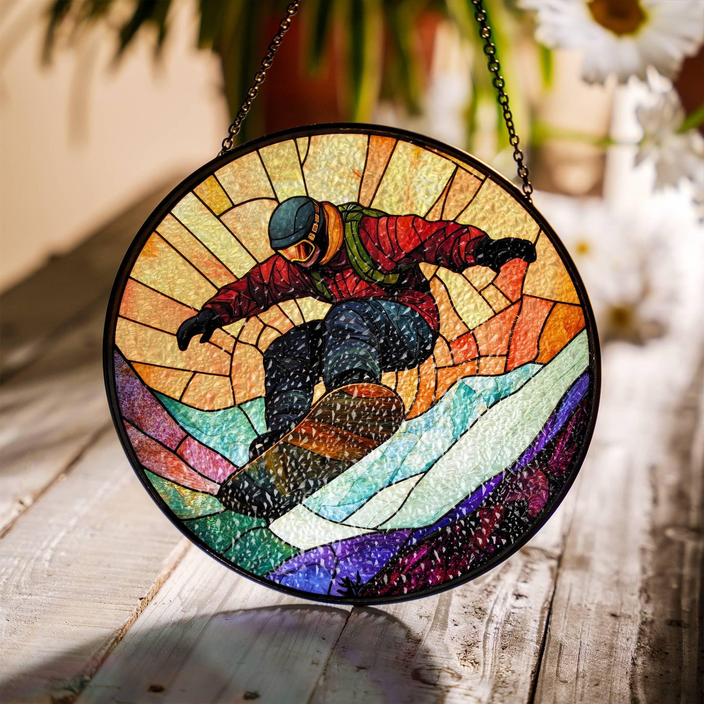 Snowboard Stained Glass SunCatcher Snowboarder Window Hanging Decor Art