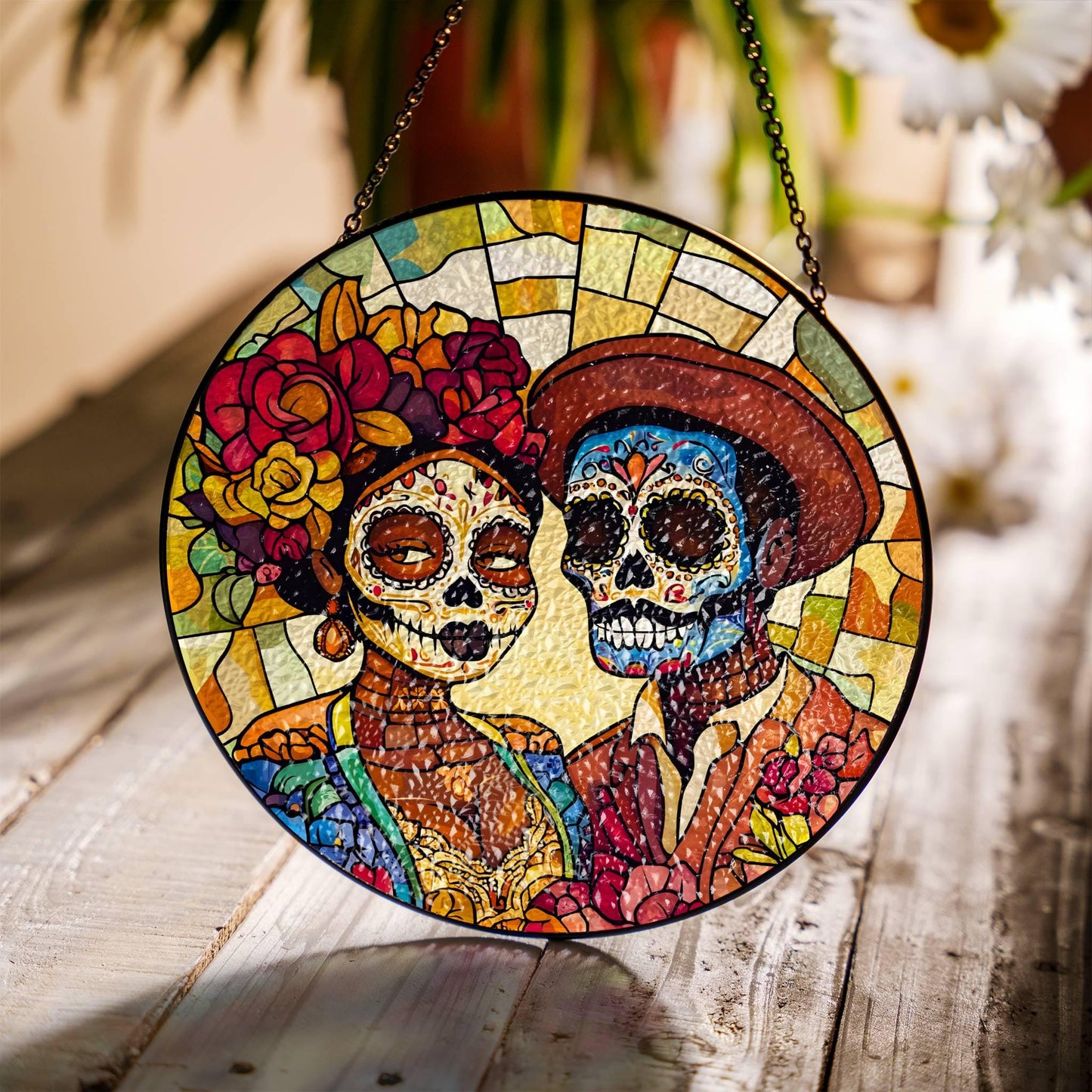 Day of the Dead Sugar Skull Couple Stained Glass SunCatcher Dia de los Muertos