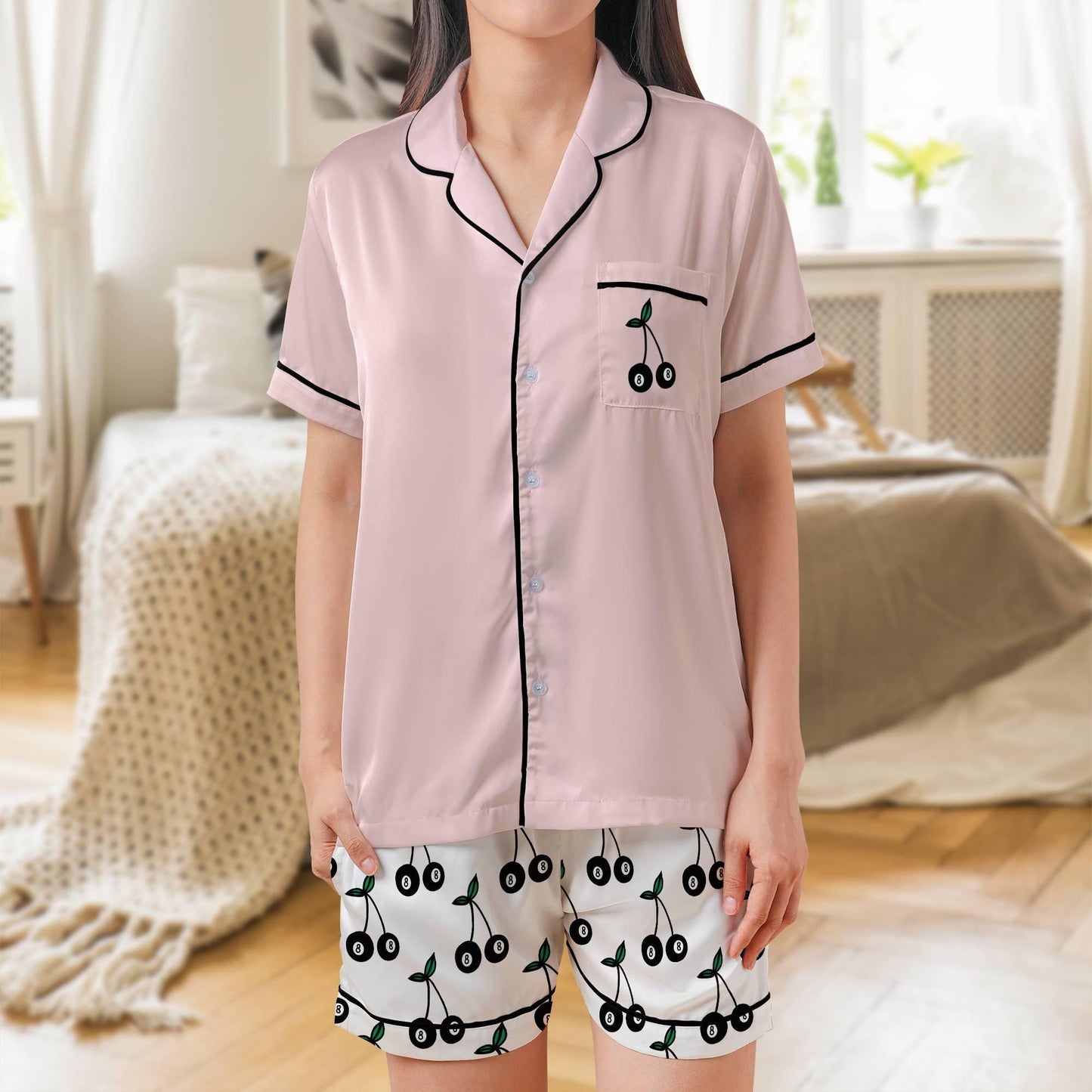 Eight Ball Cherry Satin Pajama Set - Womens Short Sleeve Sleepwear