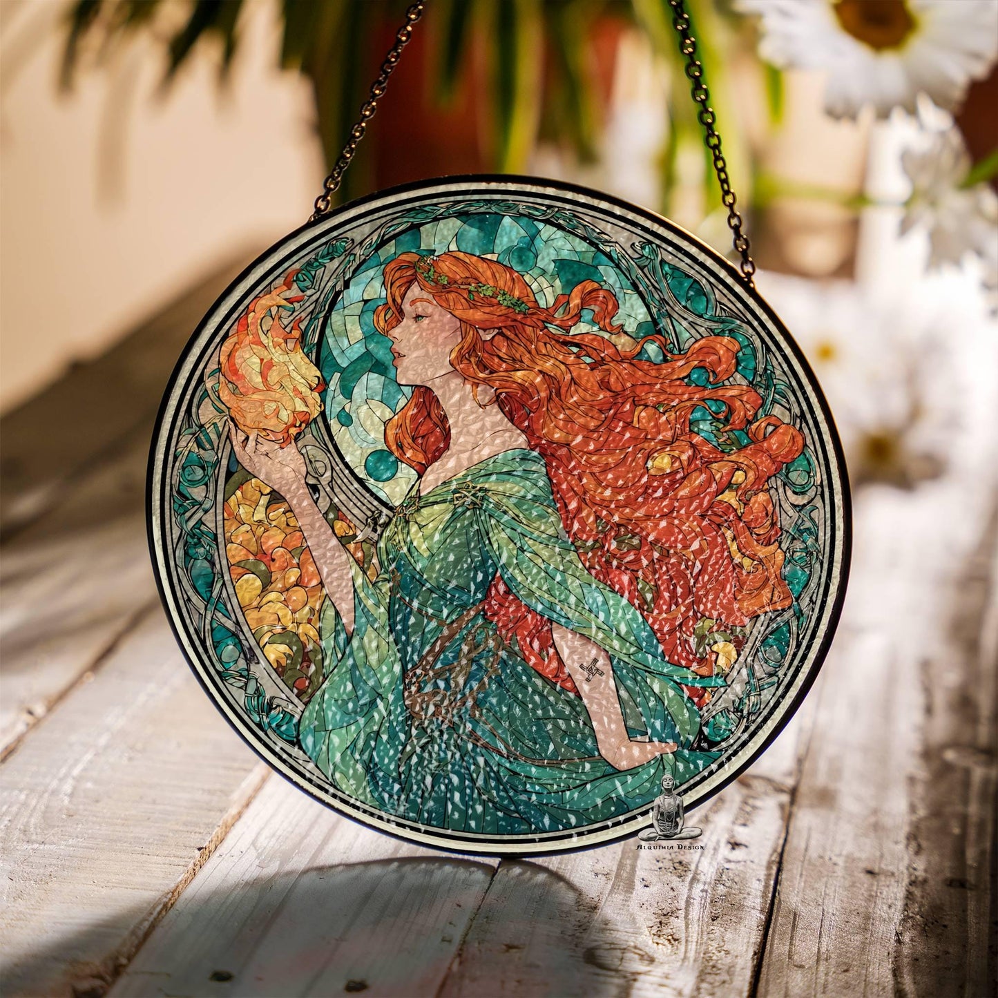 Brigid Stained Glass SunCatcher - Irish Celtic Goddess Window Hanging Decor