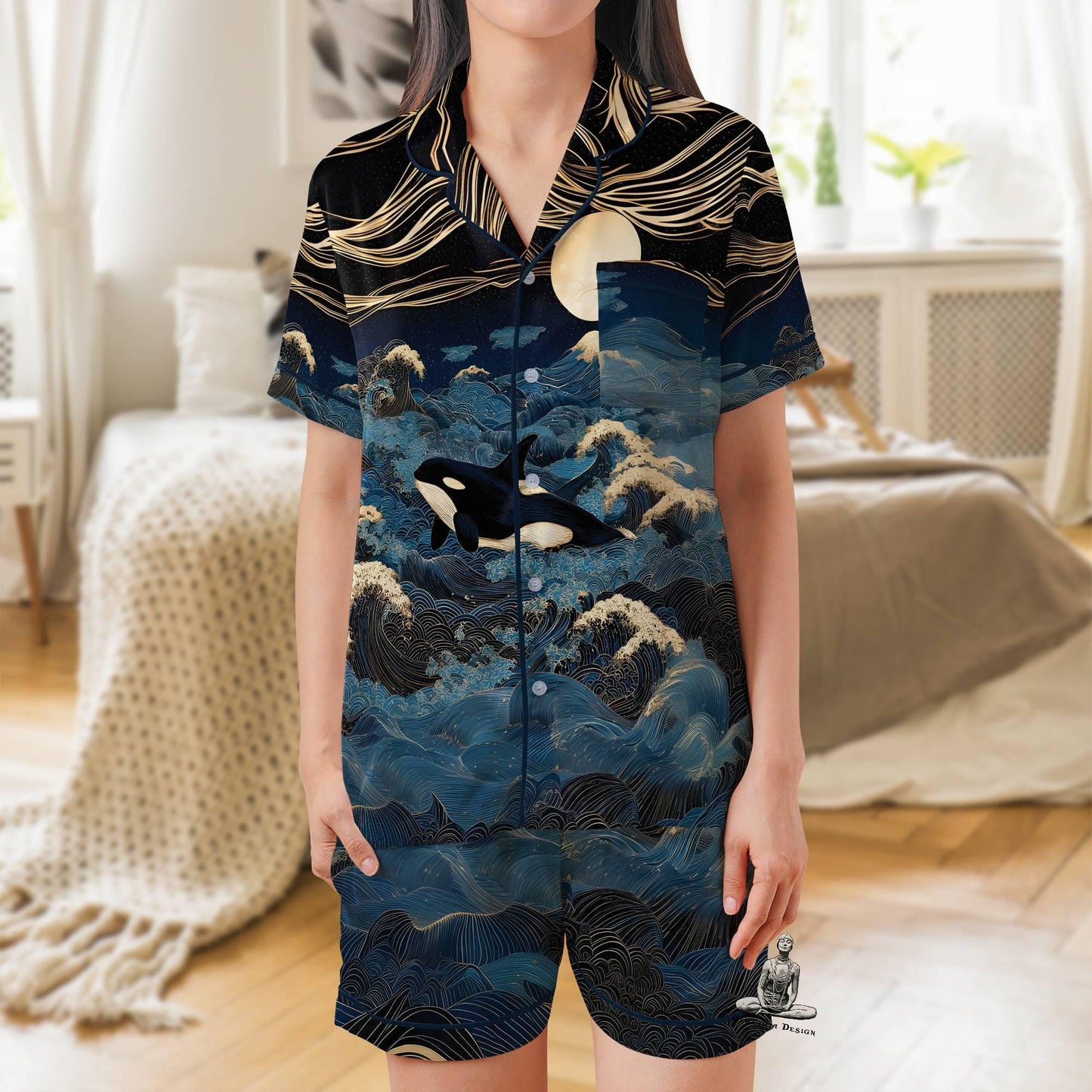 Orca Pajama Set Short Sleeves, Killer Whale Woman's Satin Pajamas Ocean Lover