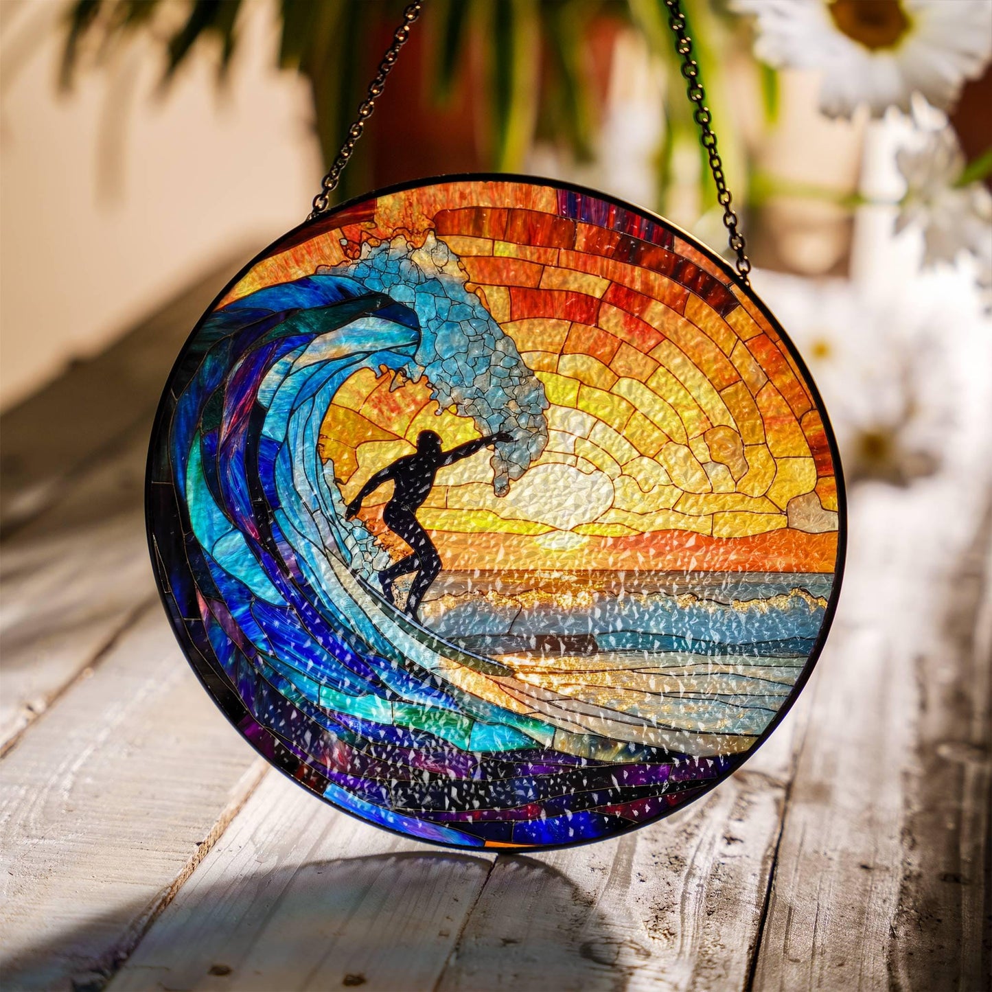 Surfing Stained Glass Sun Catcher - Beach Sunset Window Decor for Surf Lovers