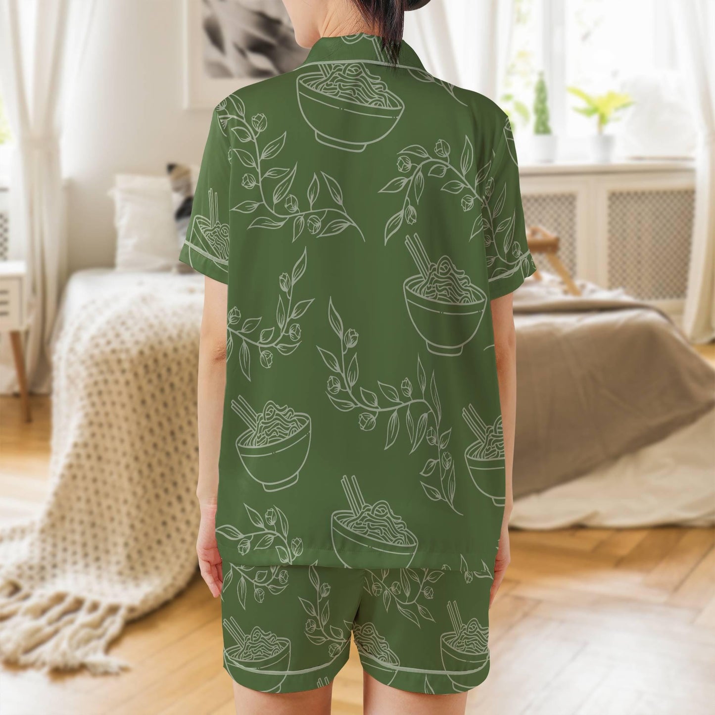 Ramen Satin Short Sleeves Pajama Set, Ramen Lover Women's Pajama Shorts Set