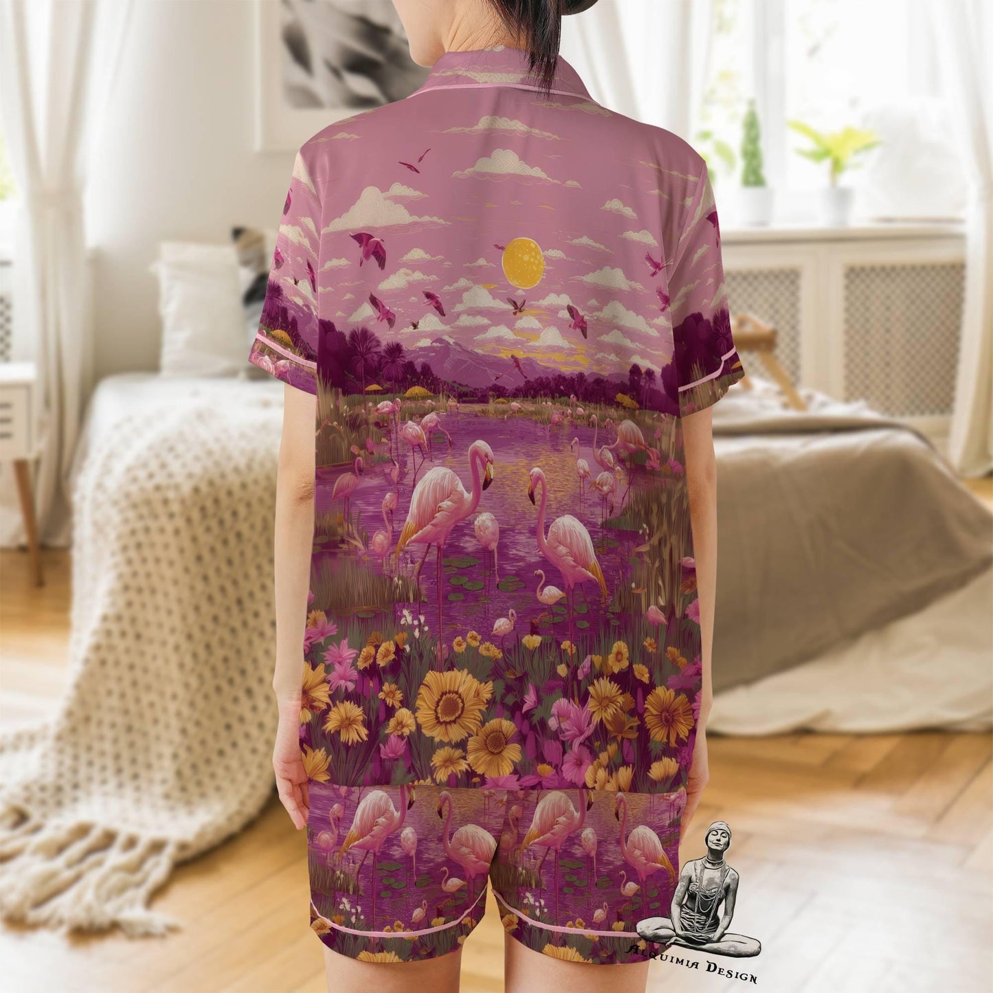 Flamingo Short Sleeves Pajama Set, Flamingo Woman's Satin Pink Pajamas