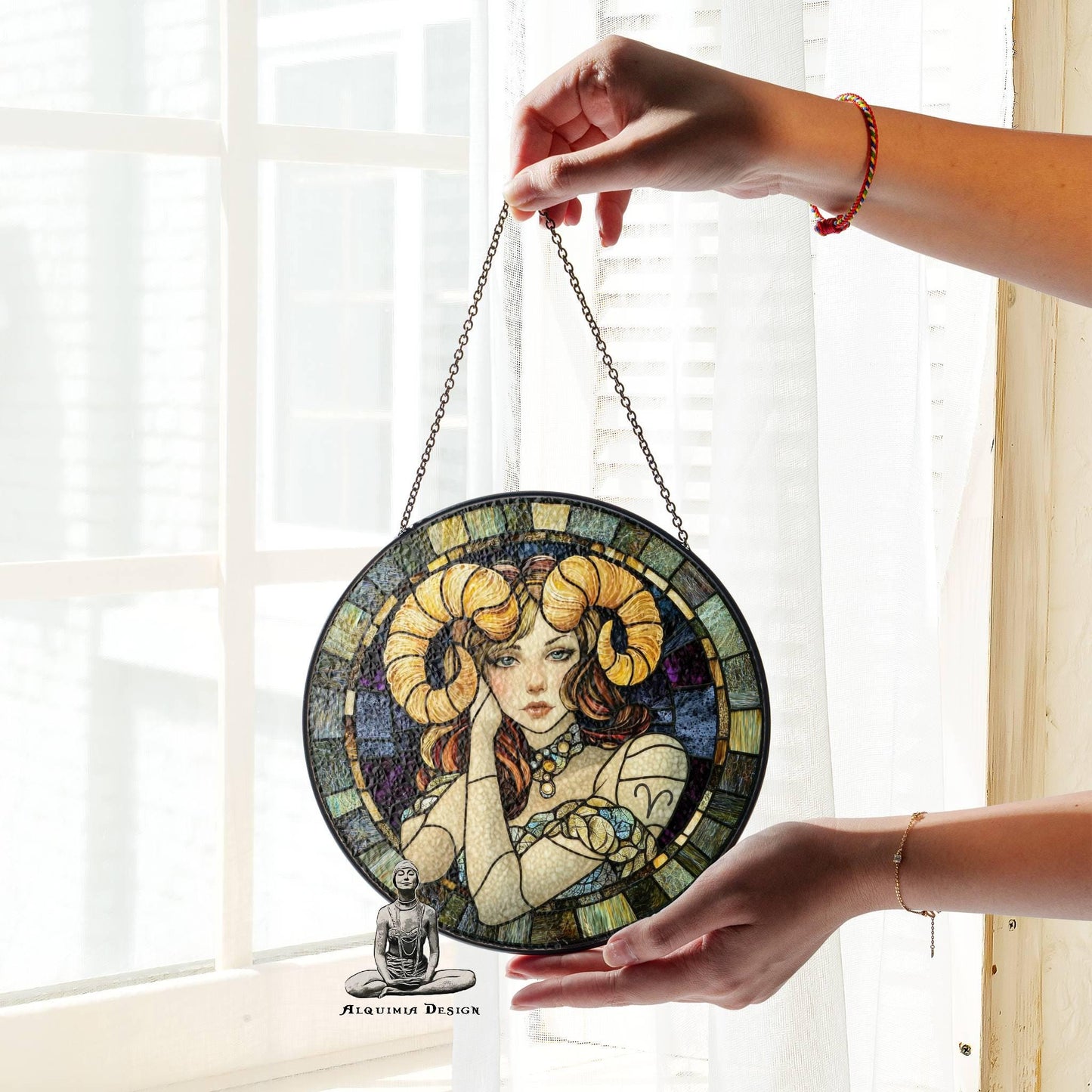 Aries Stained Glass Zodiac SunCatcher Aries Zodiac Sign Window Hanging Decor