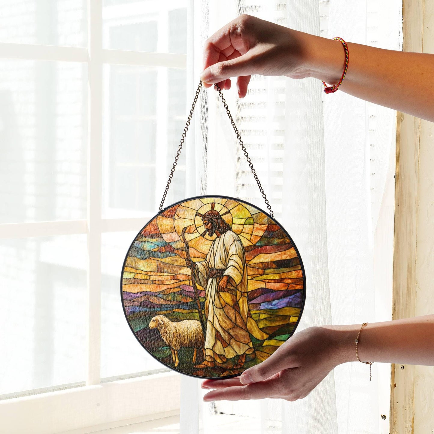 Jesus Leaves the 99 Stained Glass SunCatcher Christian Art Window Decor Art