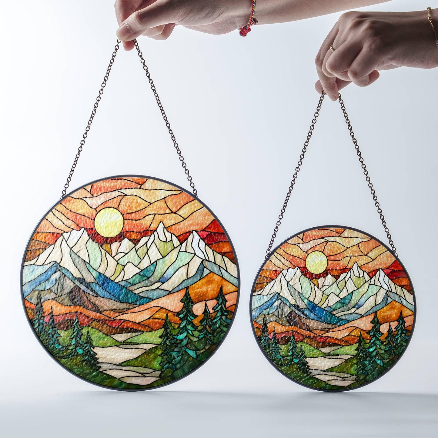 Mountain Range Stained Glass SunCatcher Sunset Window Hanging Scenery Art Decor