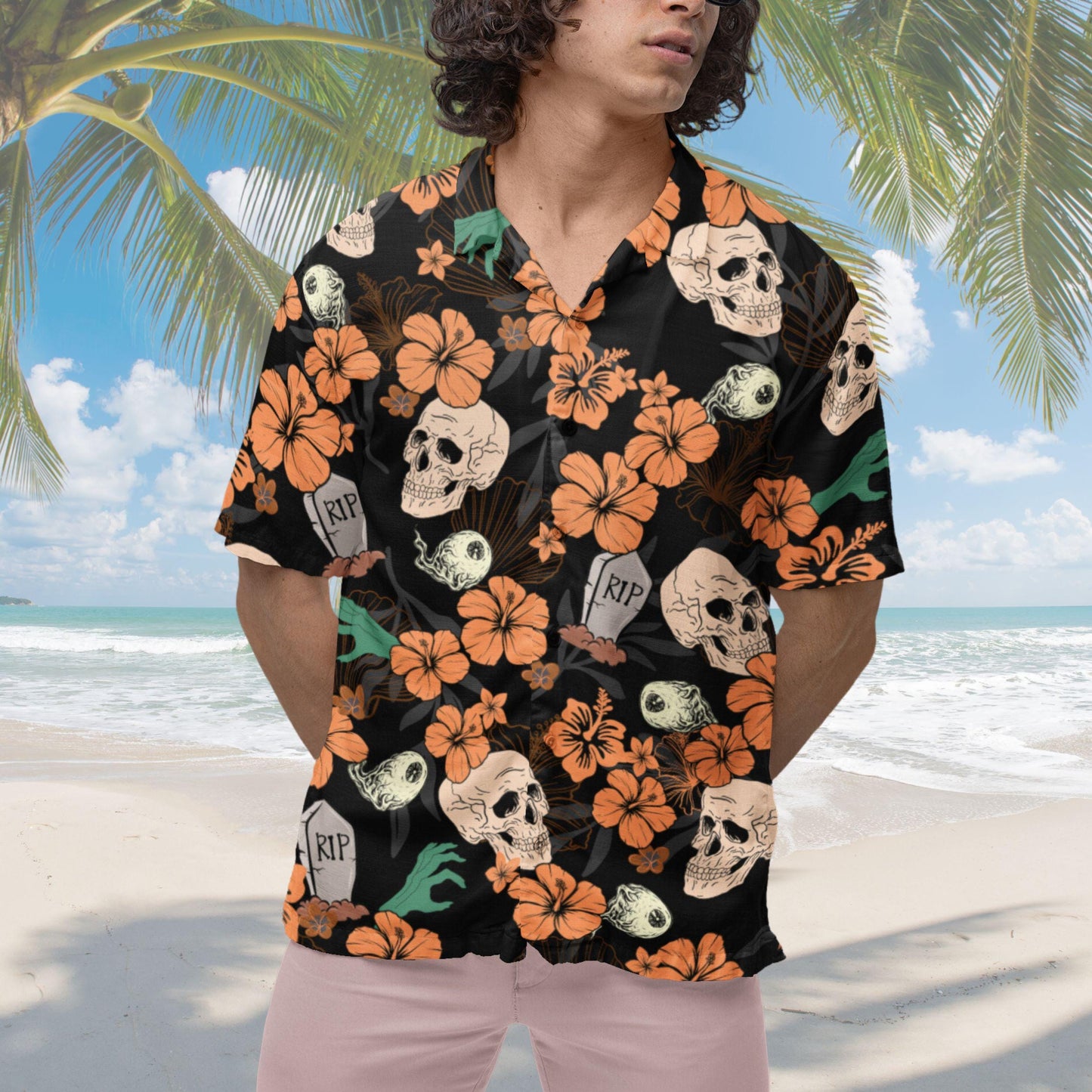 Halloween Button Down Shirt, Halloween Hawaiian Shirt Skeleton Halloween Pattern