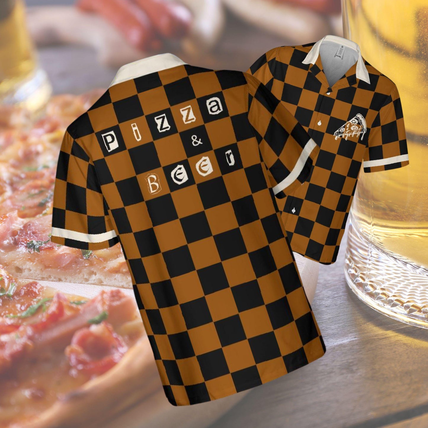 Pizza & Beer Button Down Shirt, Foodie Shirt Short-sleeve Hawaiian Shirt Funny Pizza and Beer Lover Gifts