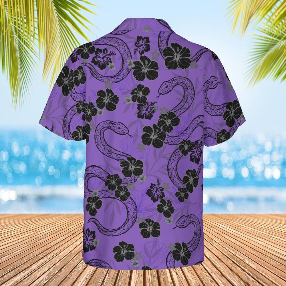 Snake Hawaiian Shirt, Purple Snake and Hibiscus Flowers Button Down