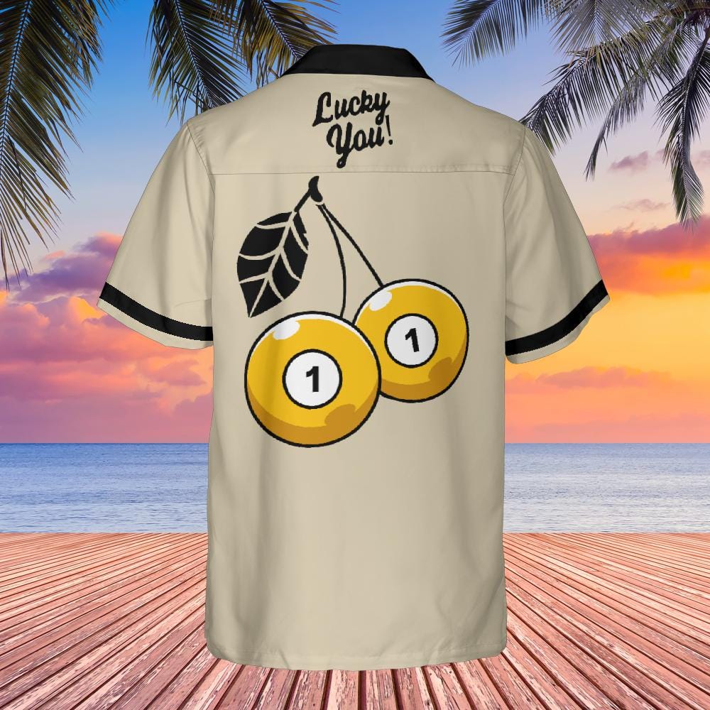 Lucky You Cherry One 1 Ball Button Down Shirt with Pocket, One Ball Short-sleeve Hawaiian