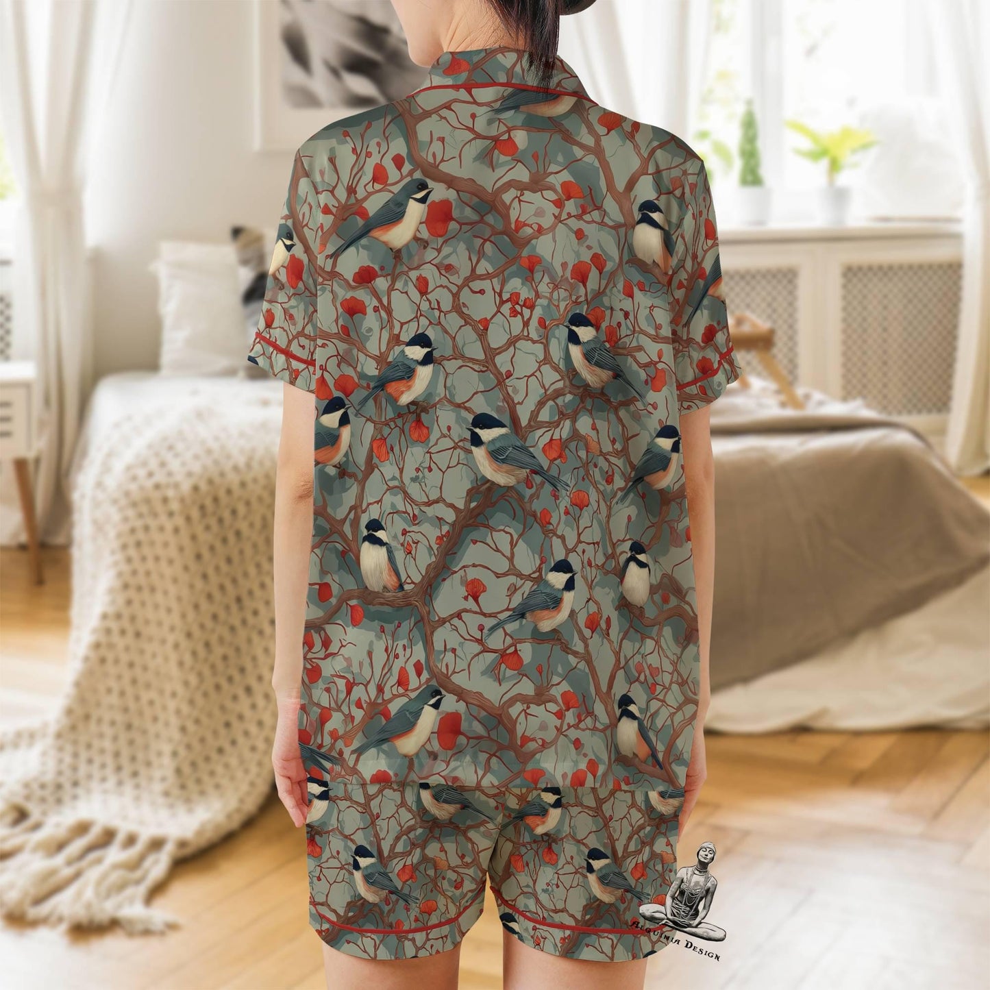 Chickadee Satin Pajama Set - Short Sleeve Bird Lover Gift Pajamas Set