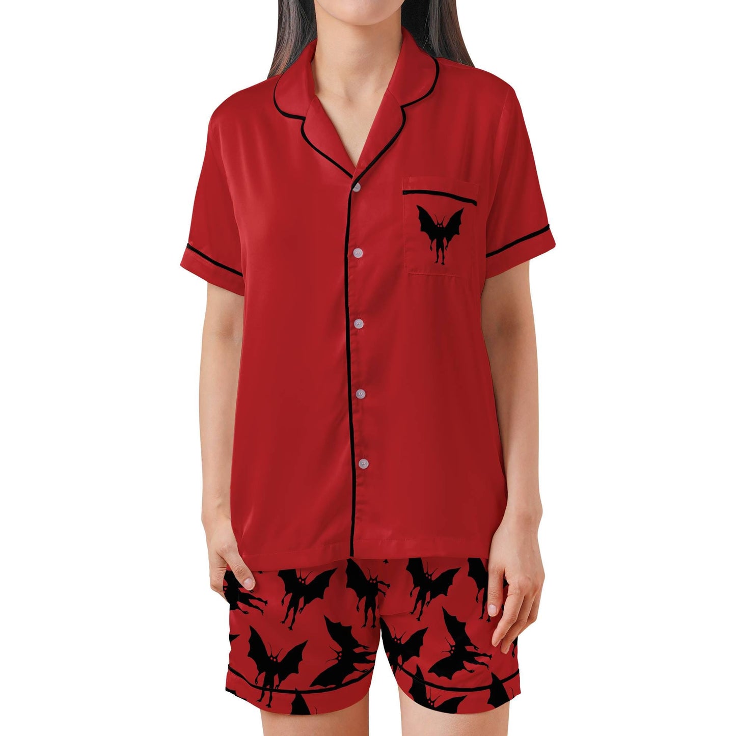 Mothman Short Sleeves Pajama Set, Moth Man Woman's Red Satin Pajamas