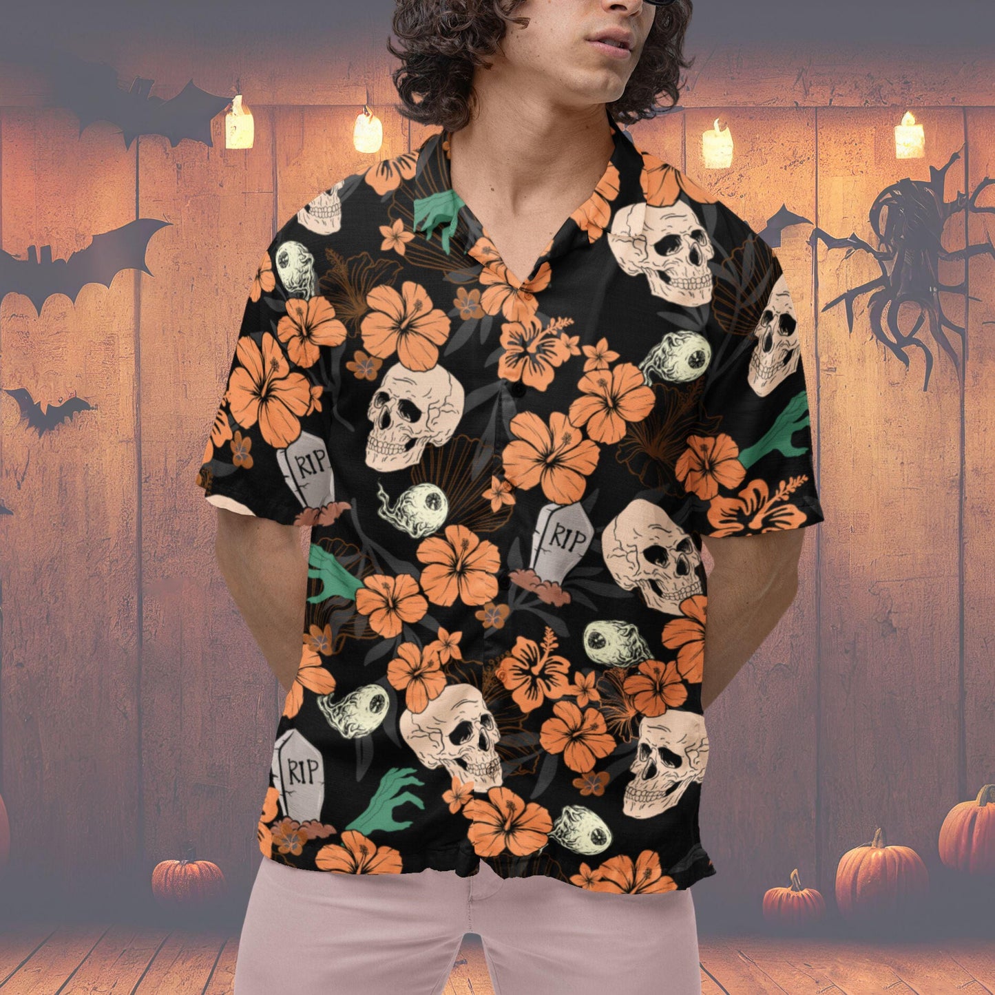 Halloween Button Down Shirt, Halloween Hawaiian Shirt Skeleton Halloween Pattern