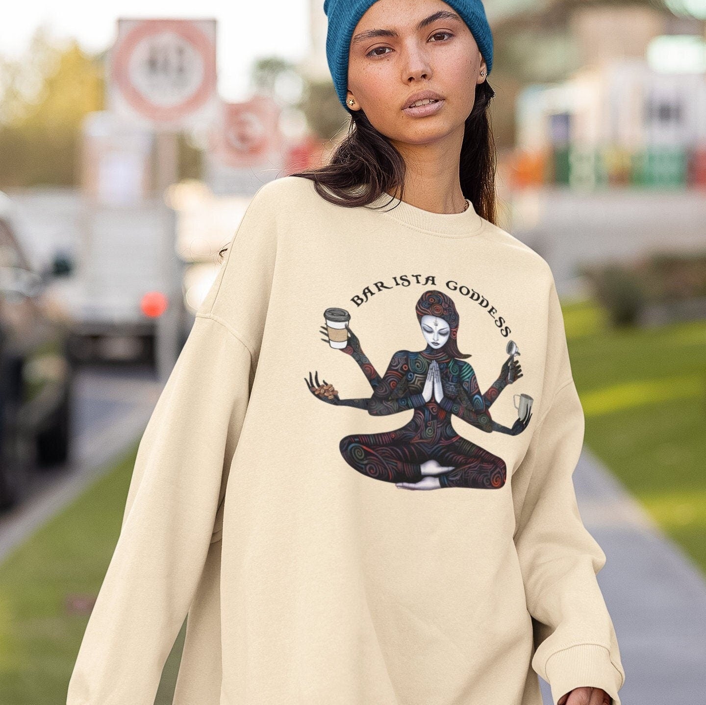 Barista Goddess Sweatshirt - Coffee Lover Crew Neck for Women