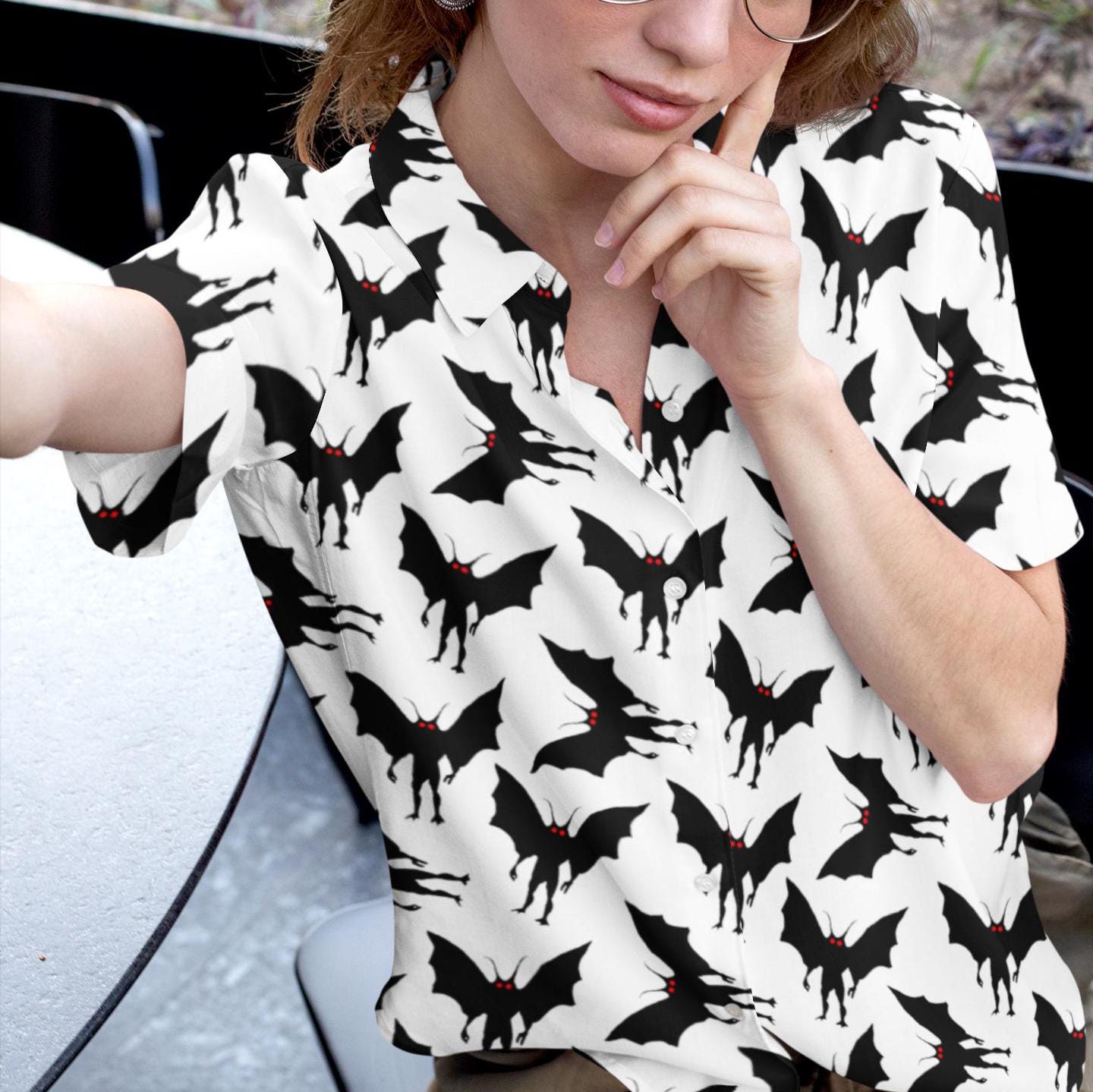 Mothman Hawaiian Shirt, Moth man Cryptid Shirt, Mothman West Virginia Cryptozoology Button Down Cryptid Shirt