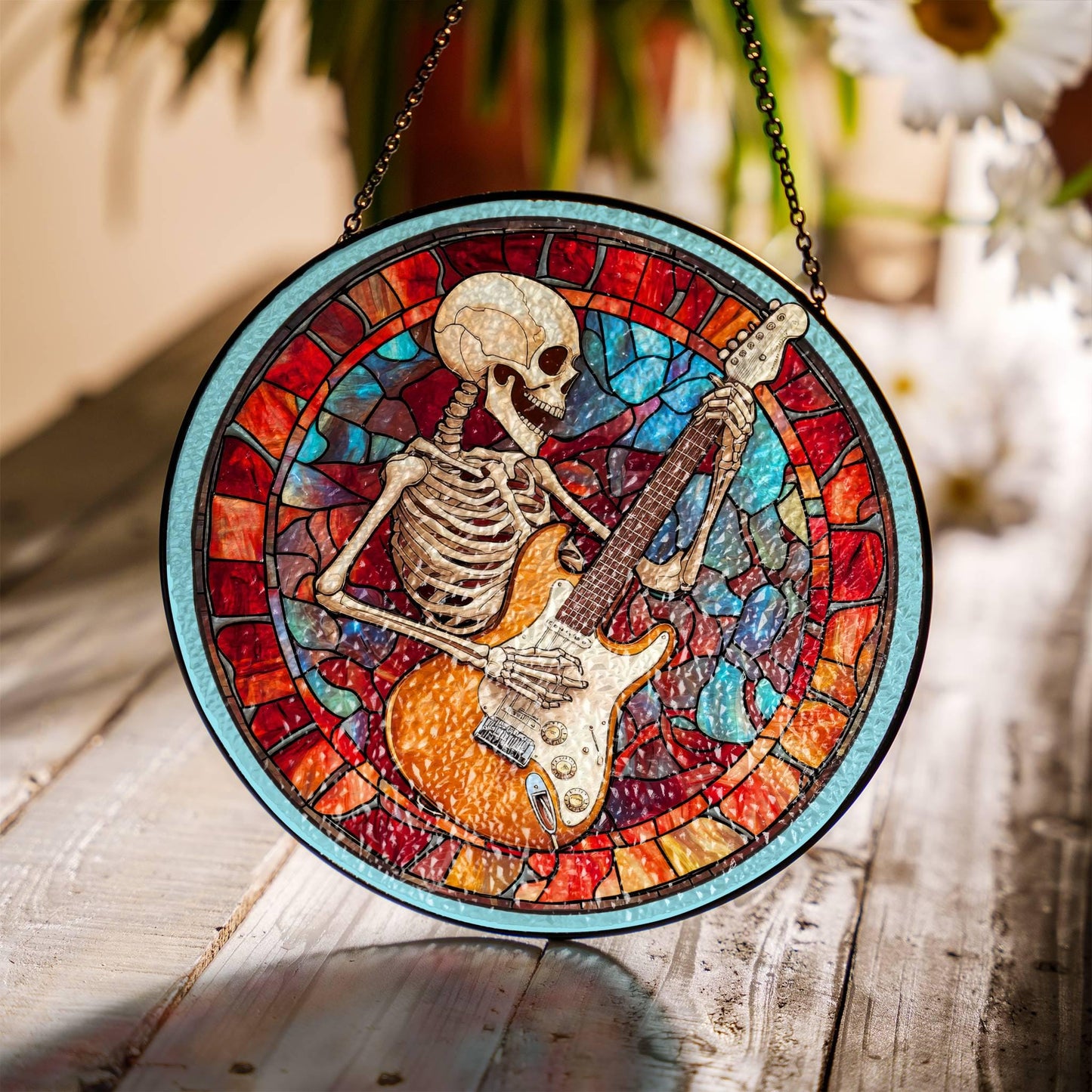 Guitarist Skeleton Stained Glass SunCatcher Guitar Window Hanging Home Decor