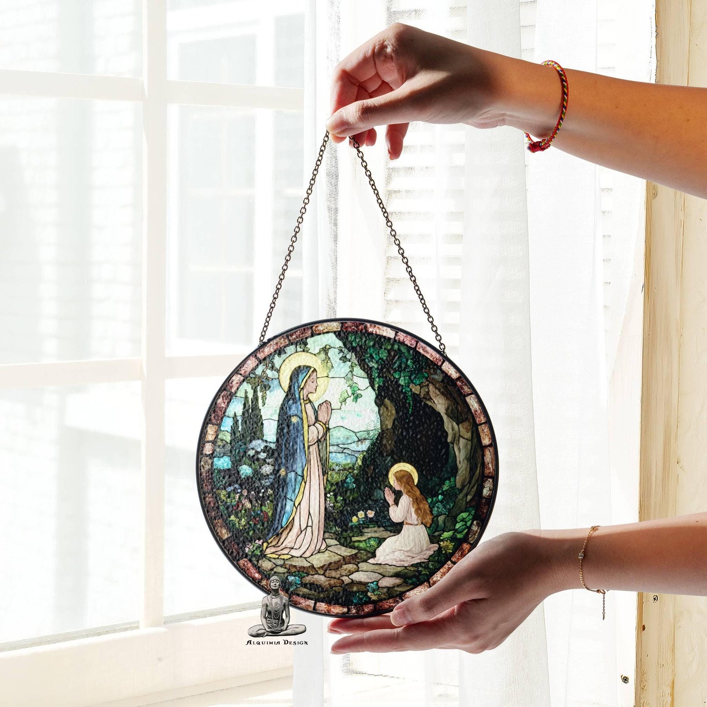 Stained Glass Lady of Lourdes Suncatcher Virgin Mary Religious Window Hanging