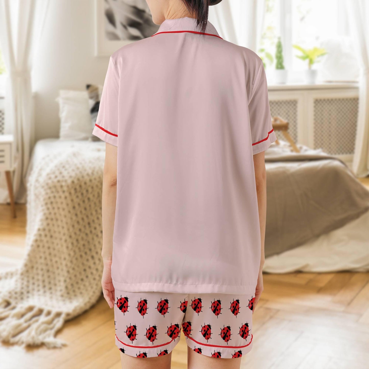 Ladybug Pajama Set Short Sleeves Lady Bug Woman's Pink Satin Pajamas