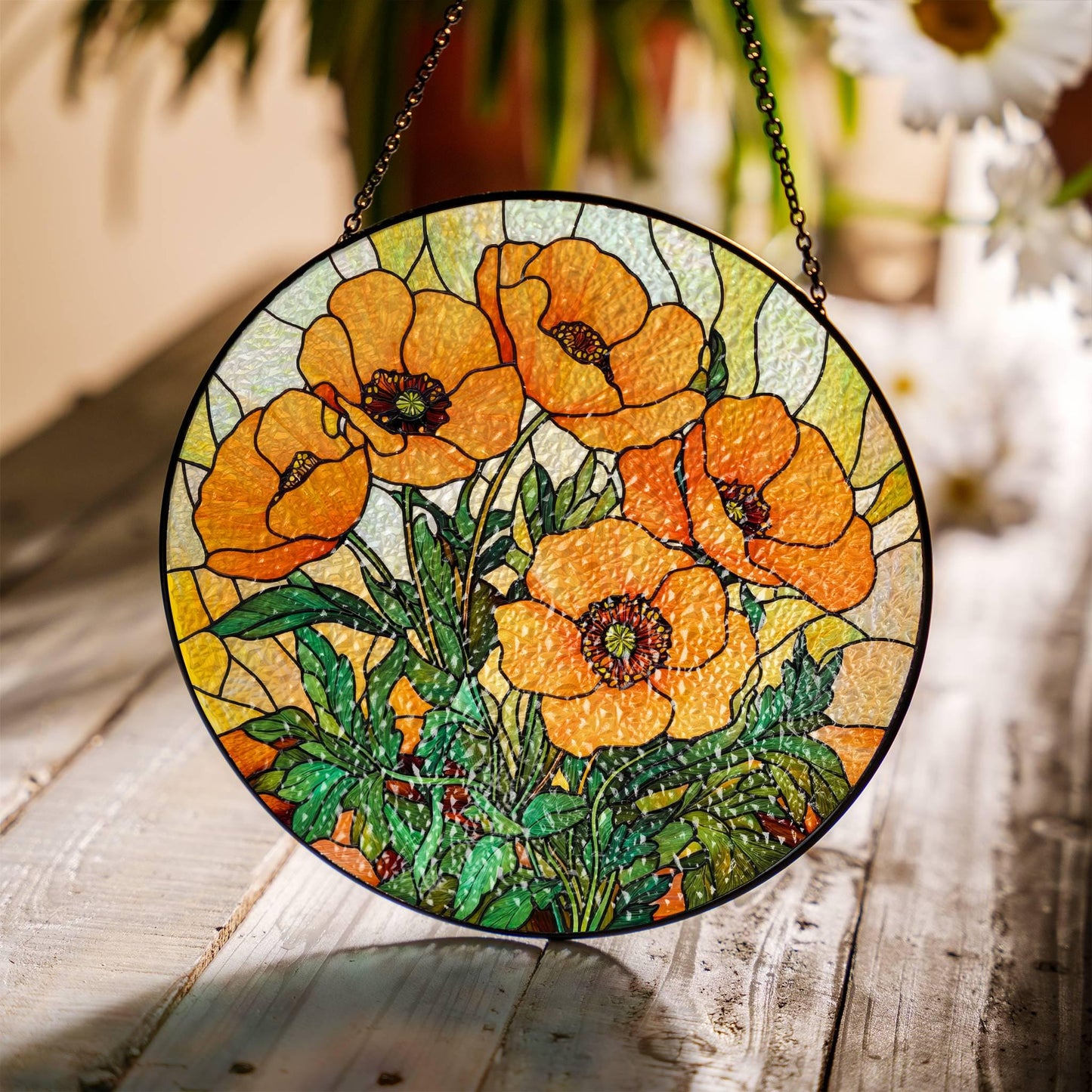 California Poppy Stained Glass SunCatcher Window Hanging Home Poppy Flower Art