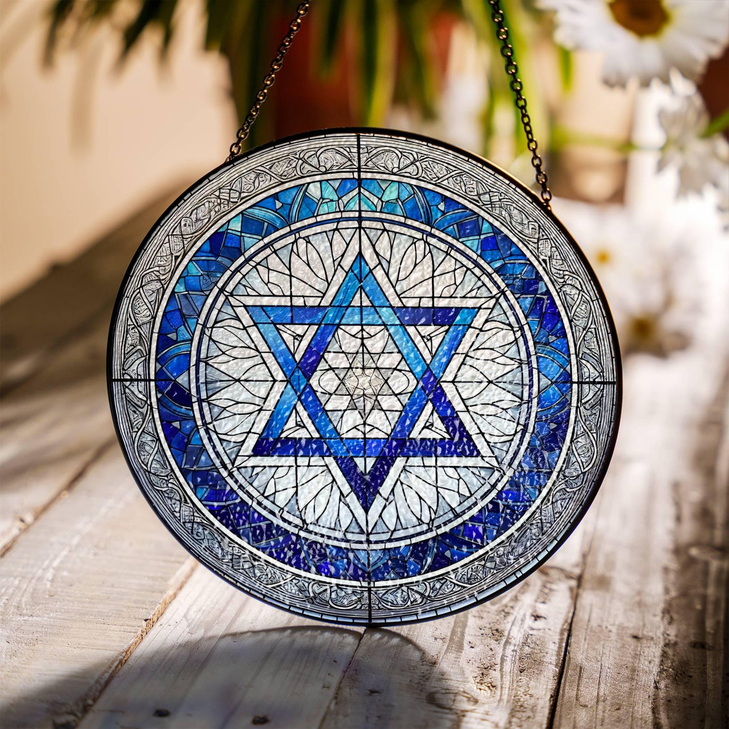 Star of David Stained Glass Sun Catcher - Hanukkah Decor Window Hanging