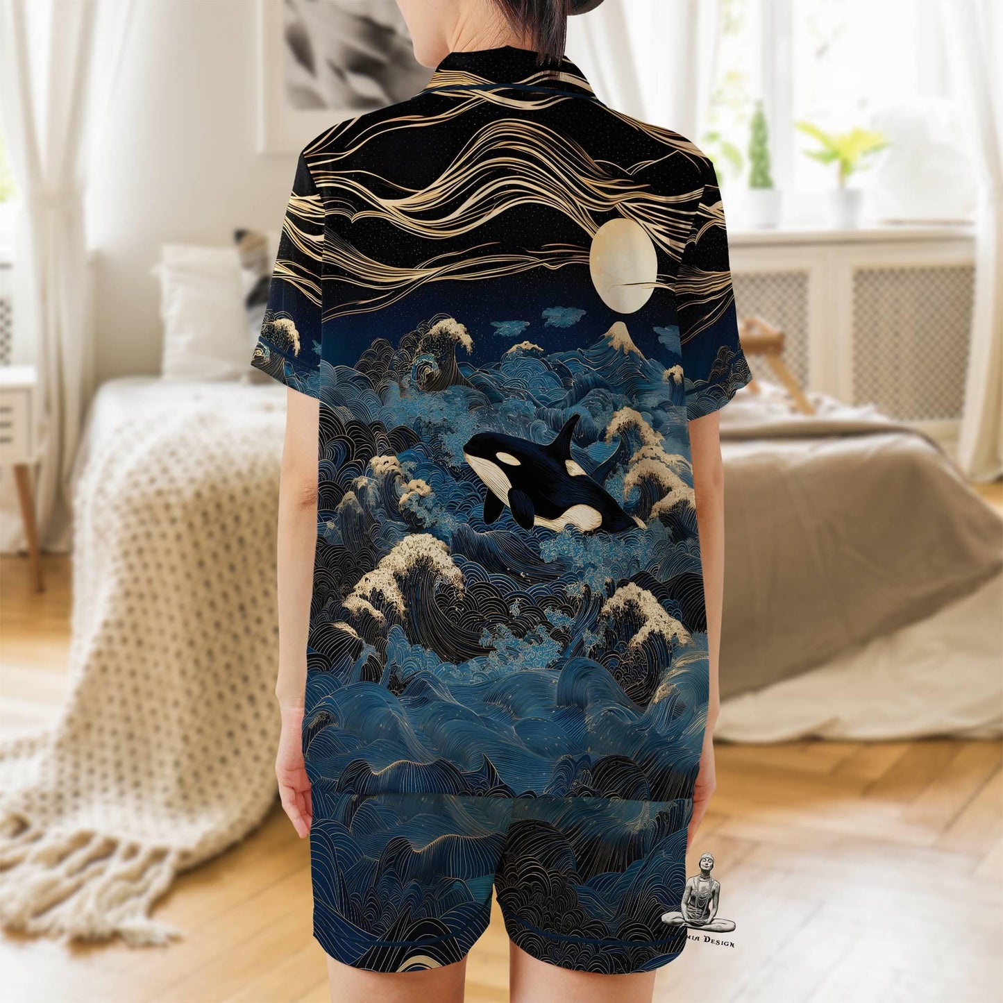 Orca Pajama Set Short Sleeves, Killer Whale Woman's Satin Pajamas Ocean Lover