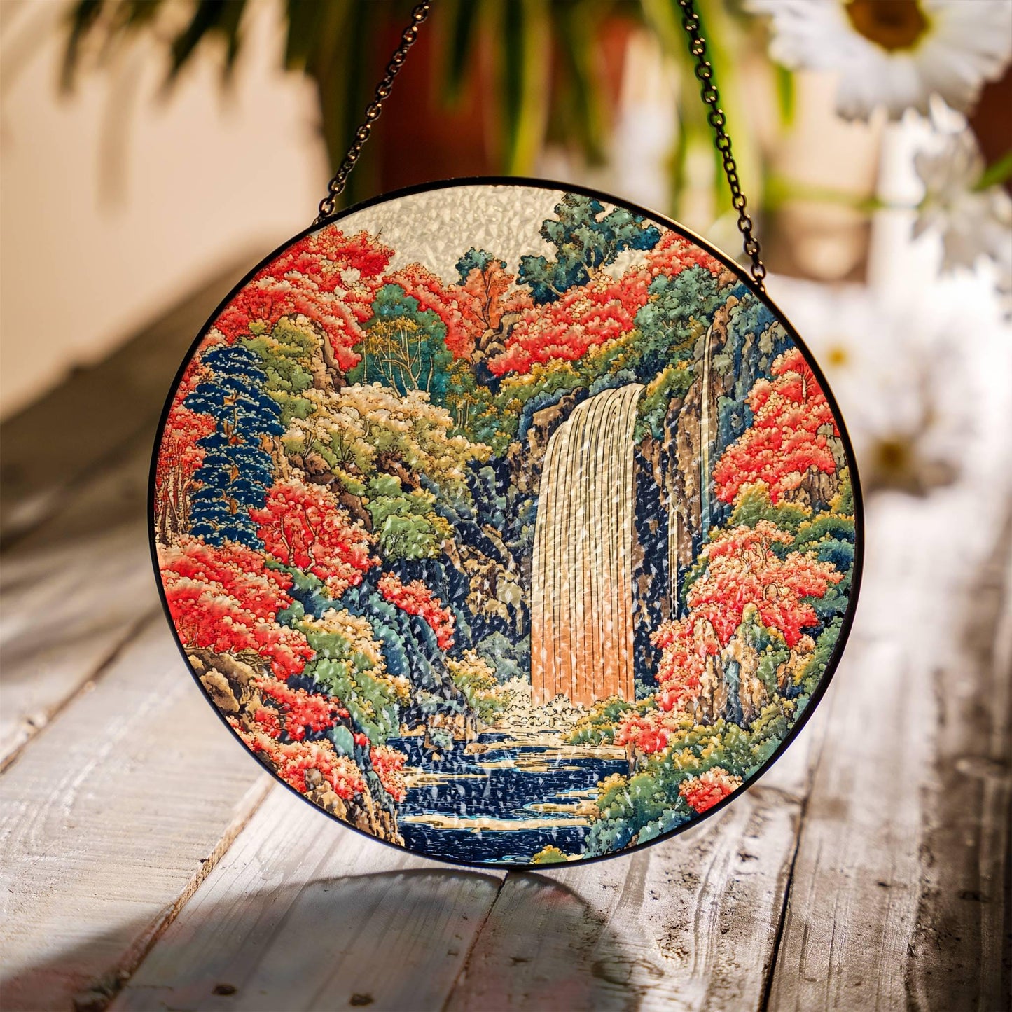 Waterfall Stained Glass SunCatcher Forest Landscape Light Catcher Window Hanging