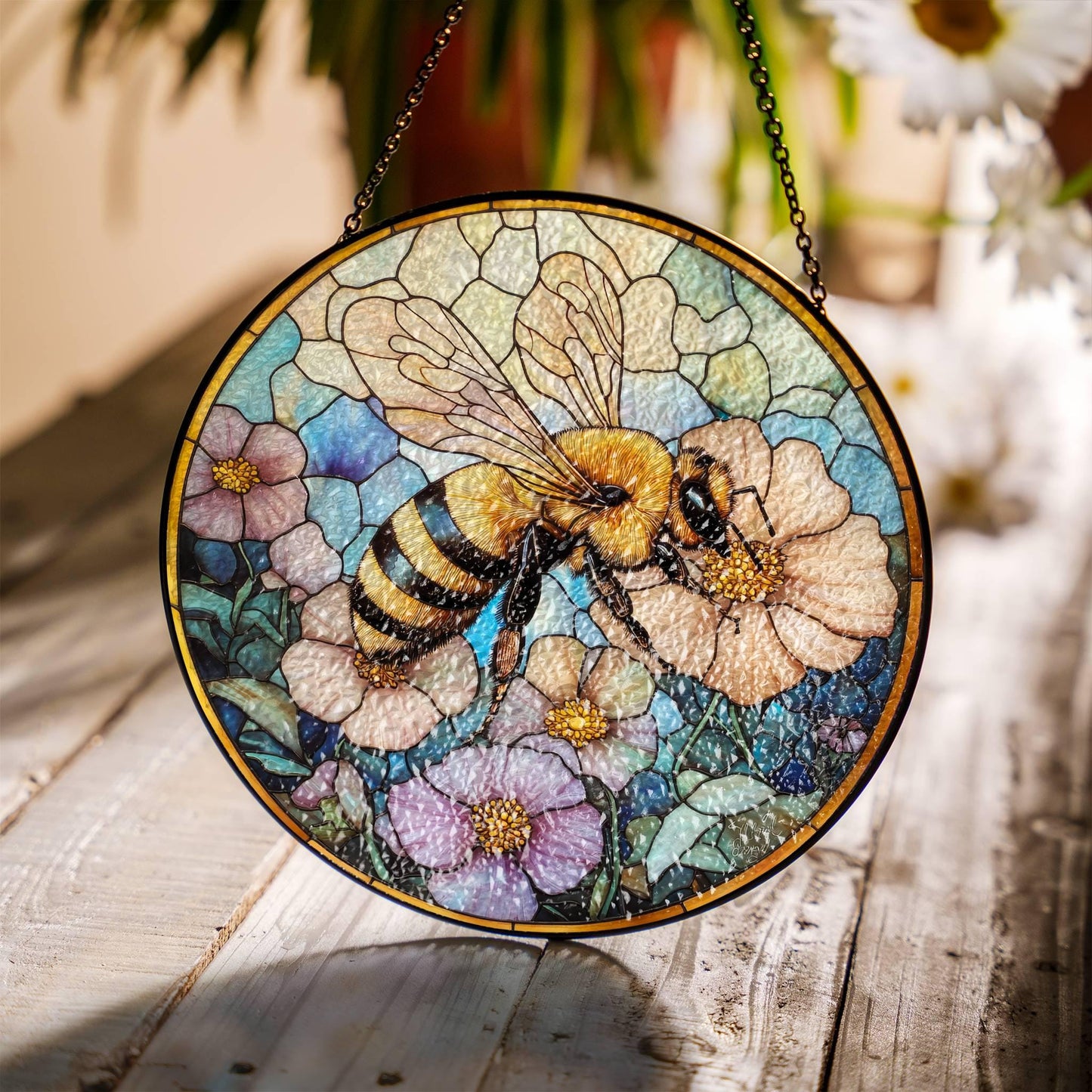 Honey Bee Stained Glass SunCatcher Bee with Flowers Light Catcher Window Hanging
