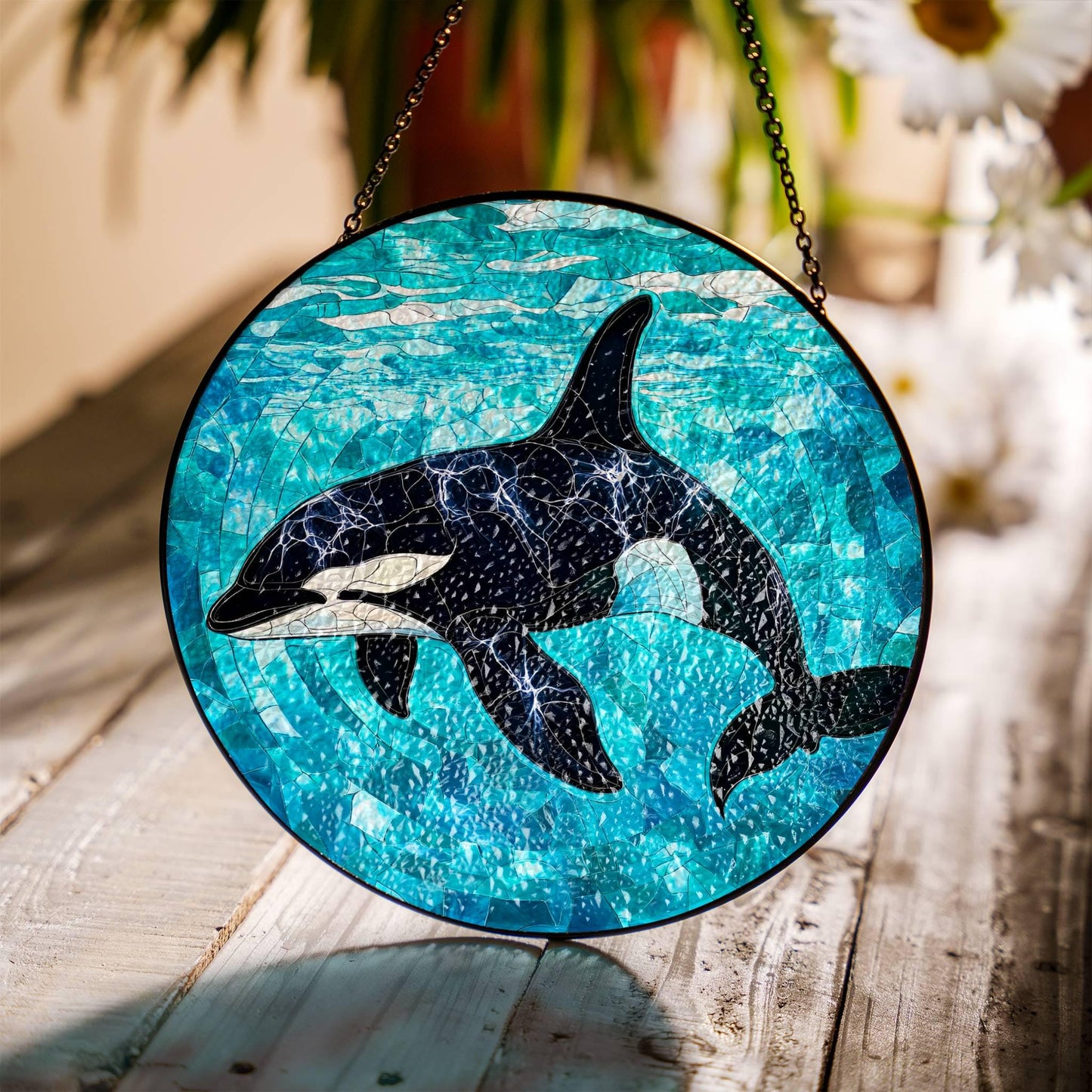 Orca Stained Glass Sun Catcher - Ocean Art Window Decoration for Sea Life Lovers