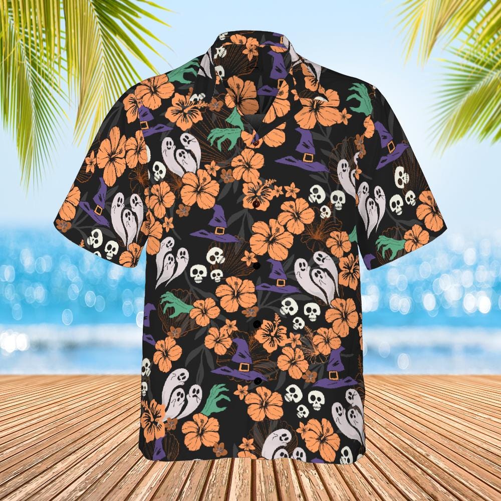 Halloween Hawaiian Shirt, Halloween Button Up Shirt Ghost Witch Halloween Pattern