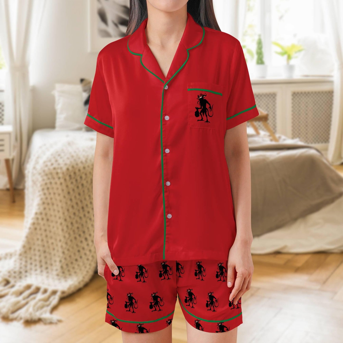 Krampus Satin Short Sleeves Pajama Set, The Krampus Christmas Women's Pajamas