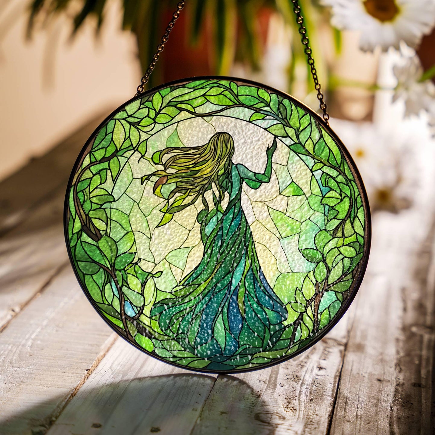 Green Witch Stained Glass Sun Catcher - Plant Lover Window Decor