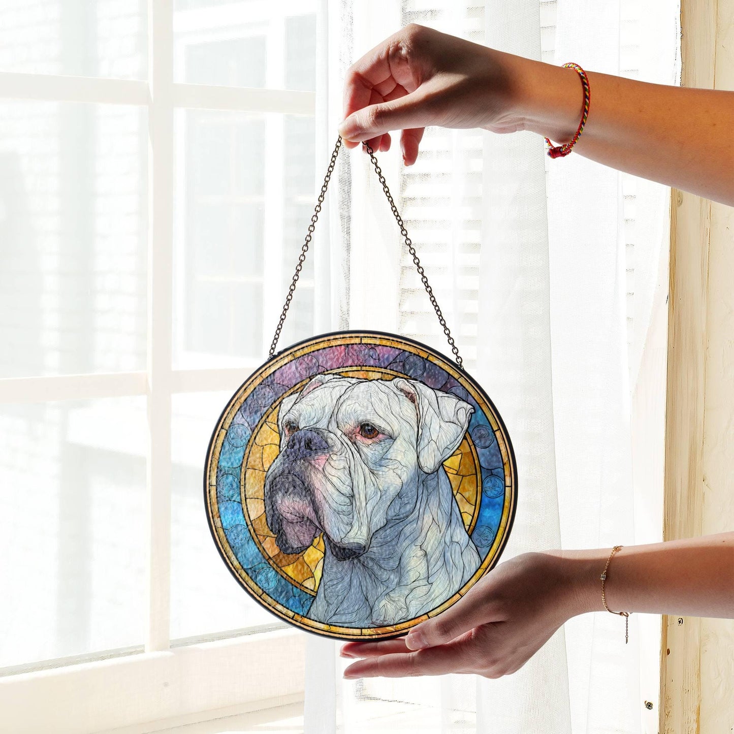 White Boxer Stained Glass Sun Catcher - Dog Light Catcher Window Decoration
