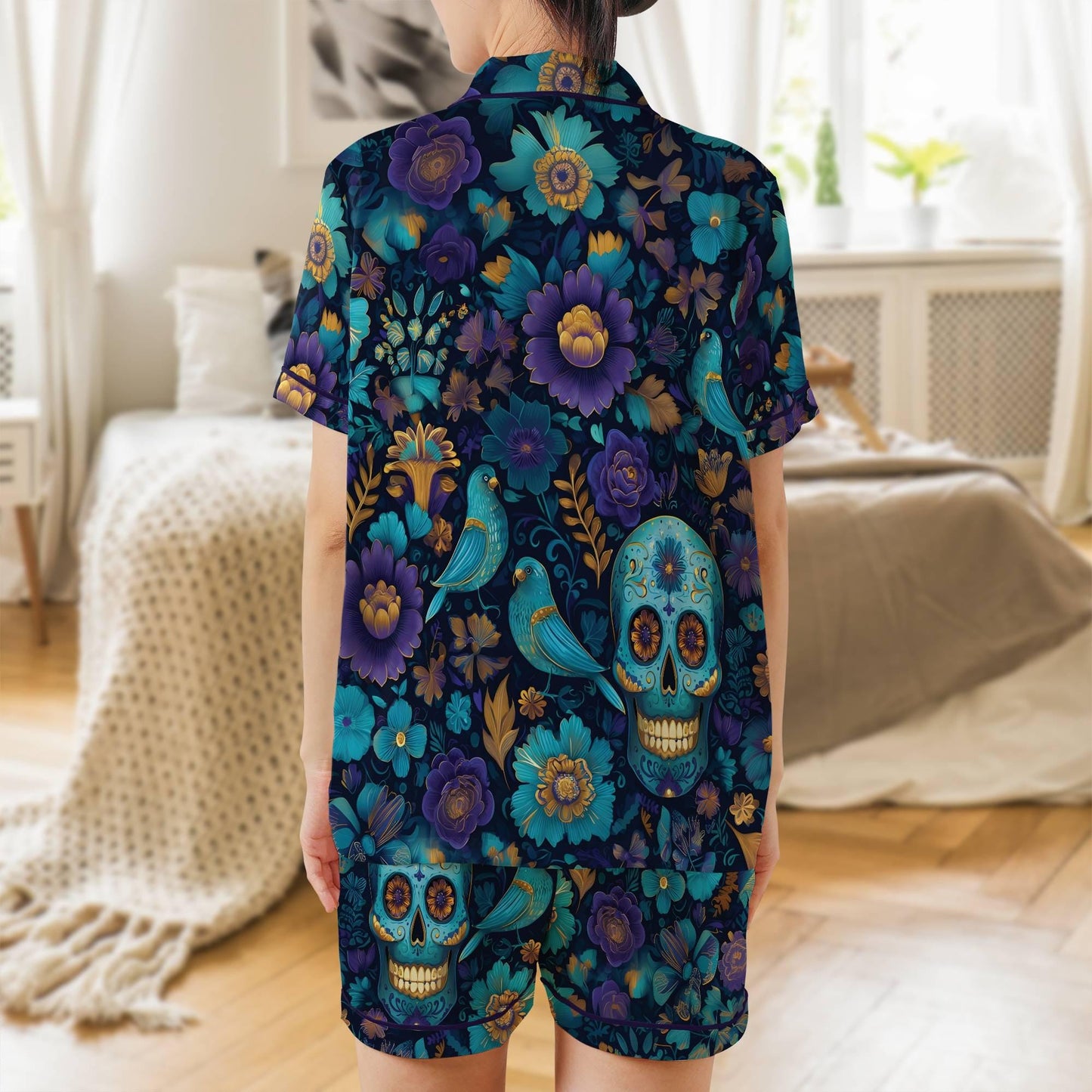 Day of the Dead Satin Pajama Set - Womens Sugar Skull Short Sleeves