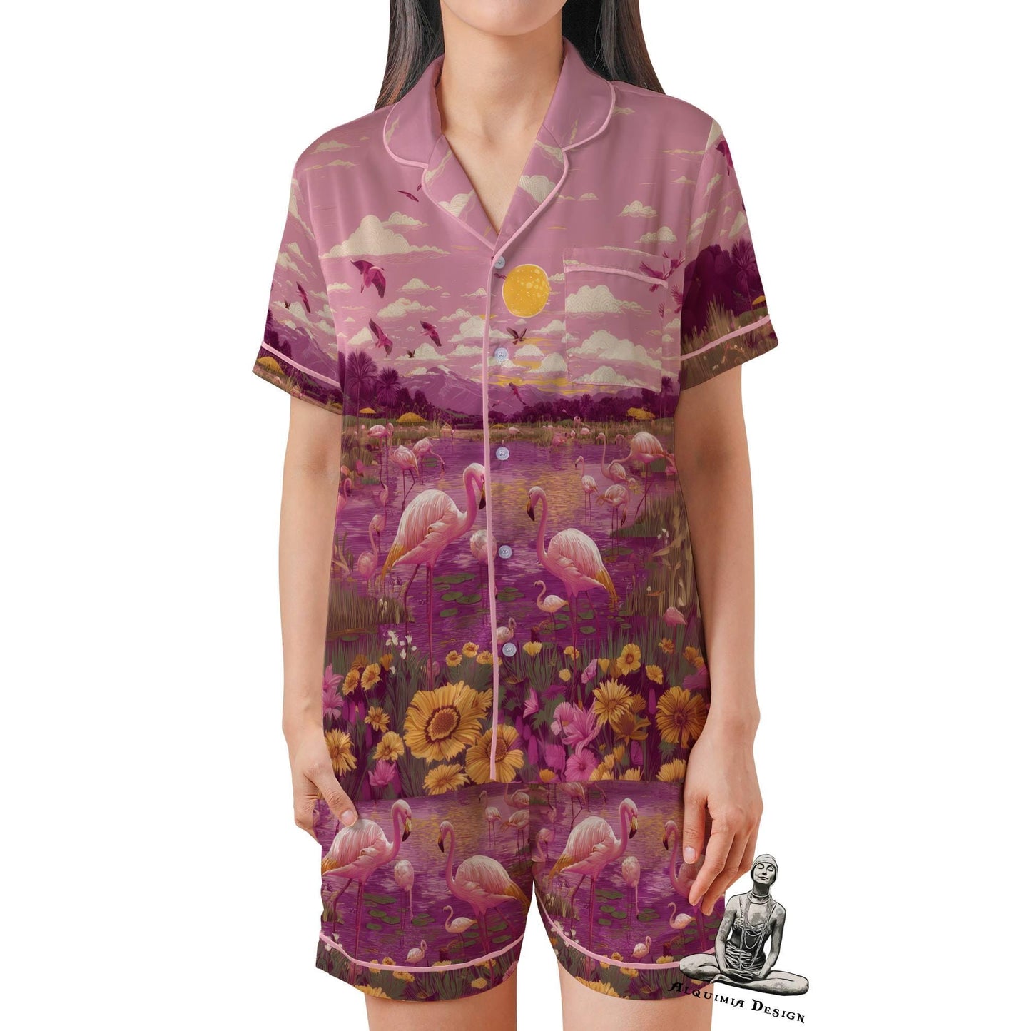 Flamingo Short Sleeves Pajama Set, Flamingo Woman's Satin Pink Pajamas