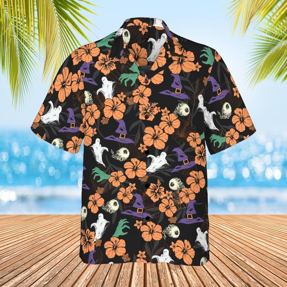 Halloween Hawaiian Shirt, Halloween Button Down Shirt Ghost Witch Skeleton Halloween Pattern