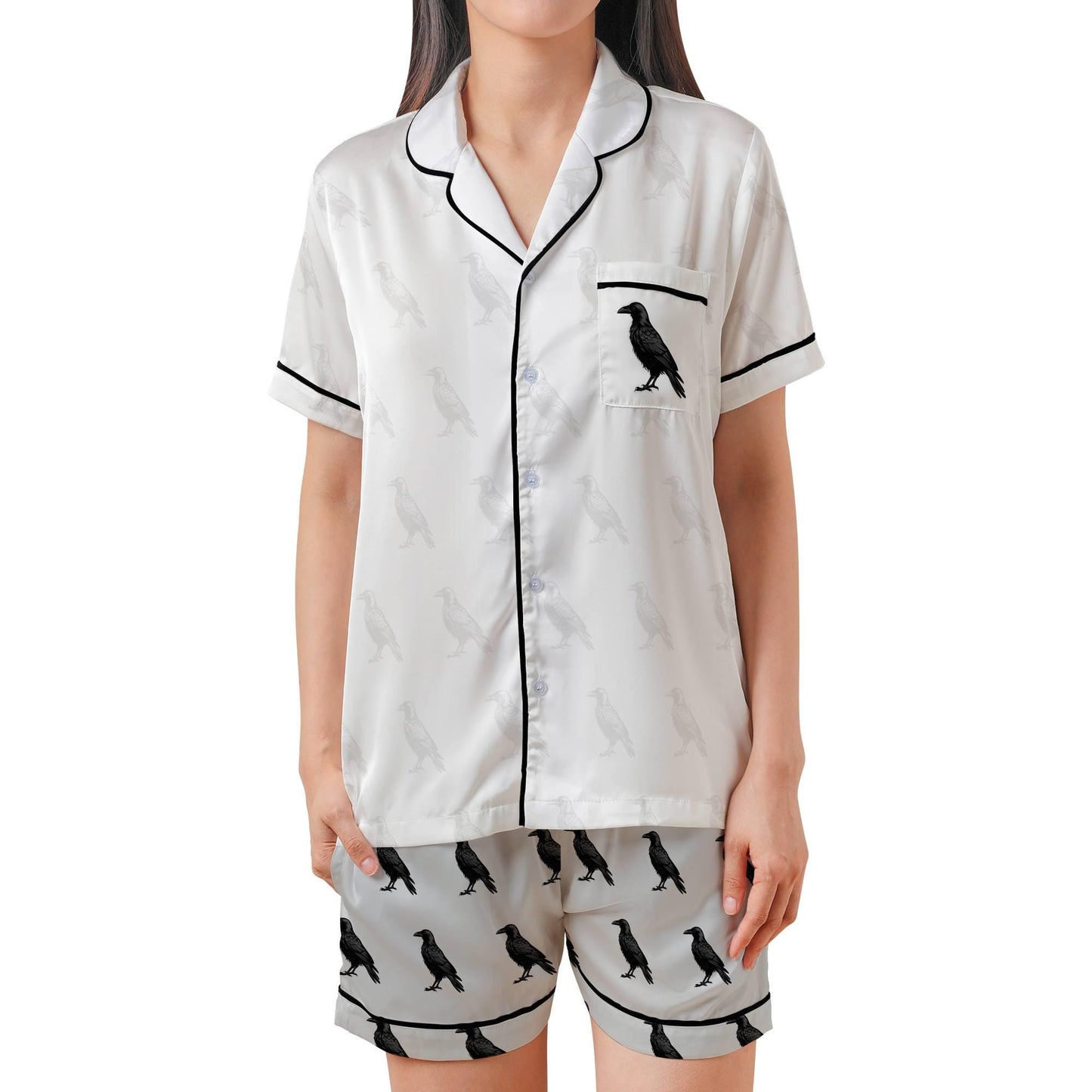 Raven Pajama Set Short Sleeves, Crow Woman's Satin Pajama Short Sleeve