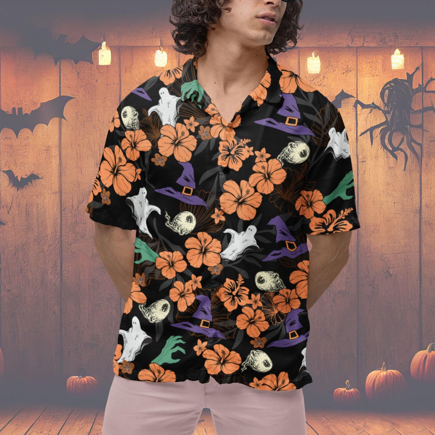 Halloween Hawaiian Shirt, Halloween Button Down Shirt Ghost Witch Skeleton Halloween Pattern