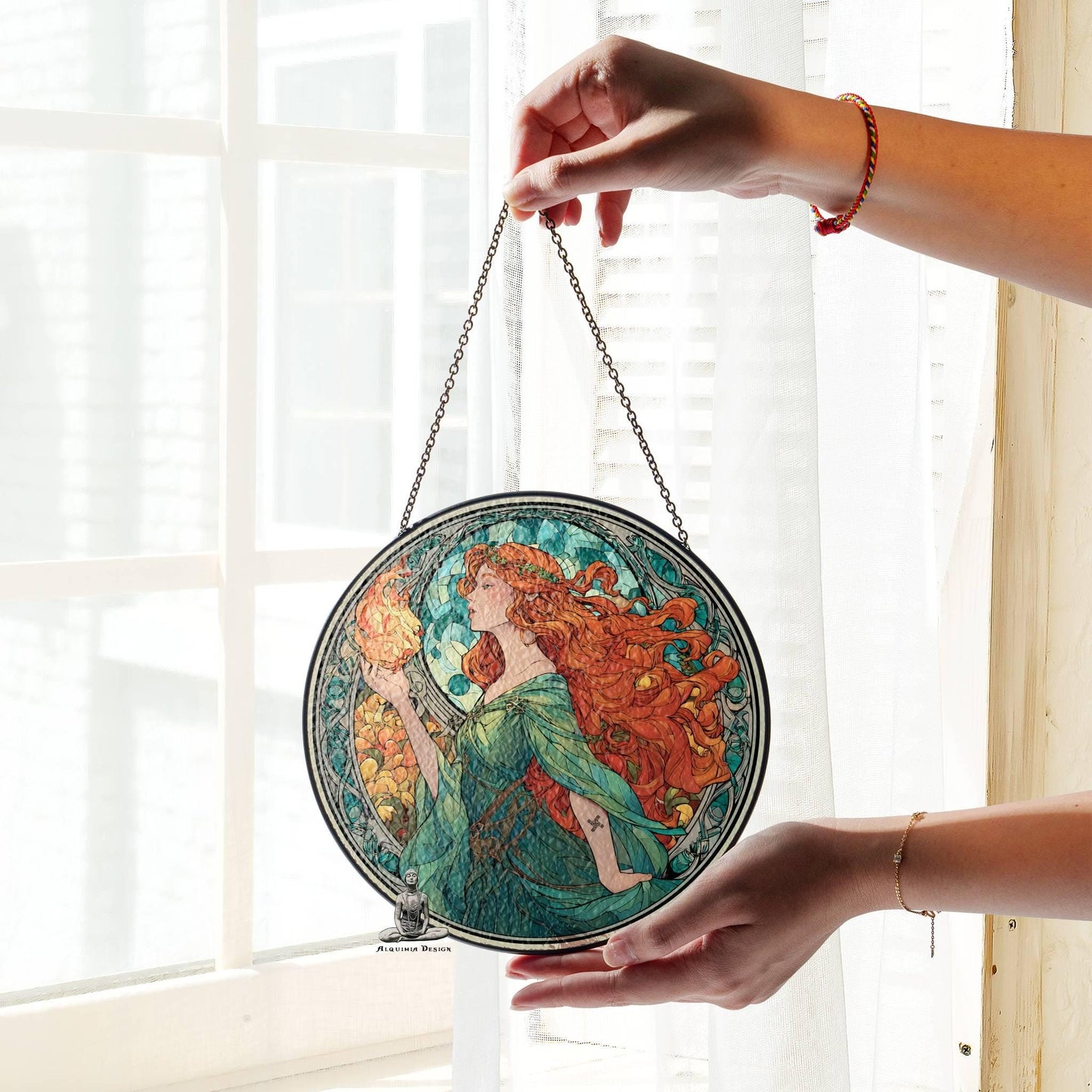 Brigid Stained Glass SunCatcher - Irish Celtic Goddess Window Hanging Decor