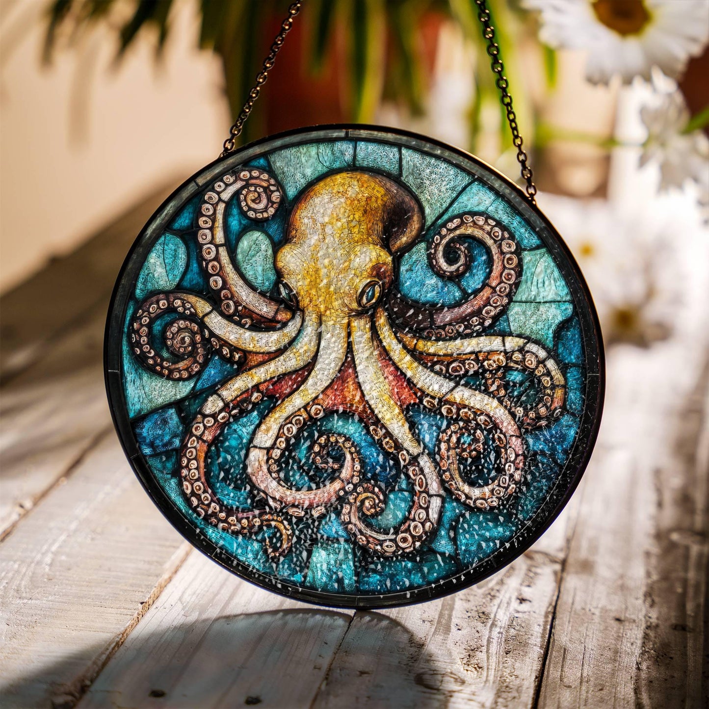 Octopus Stained Glass Sun Catcher - Sea Life Window Hanging Decor