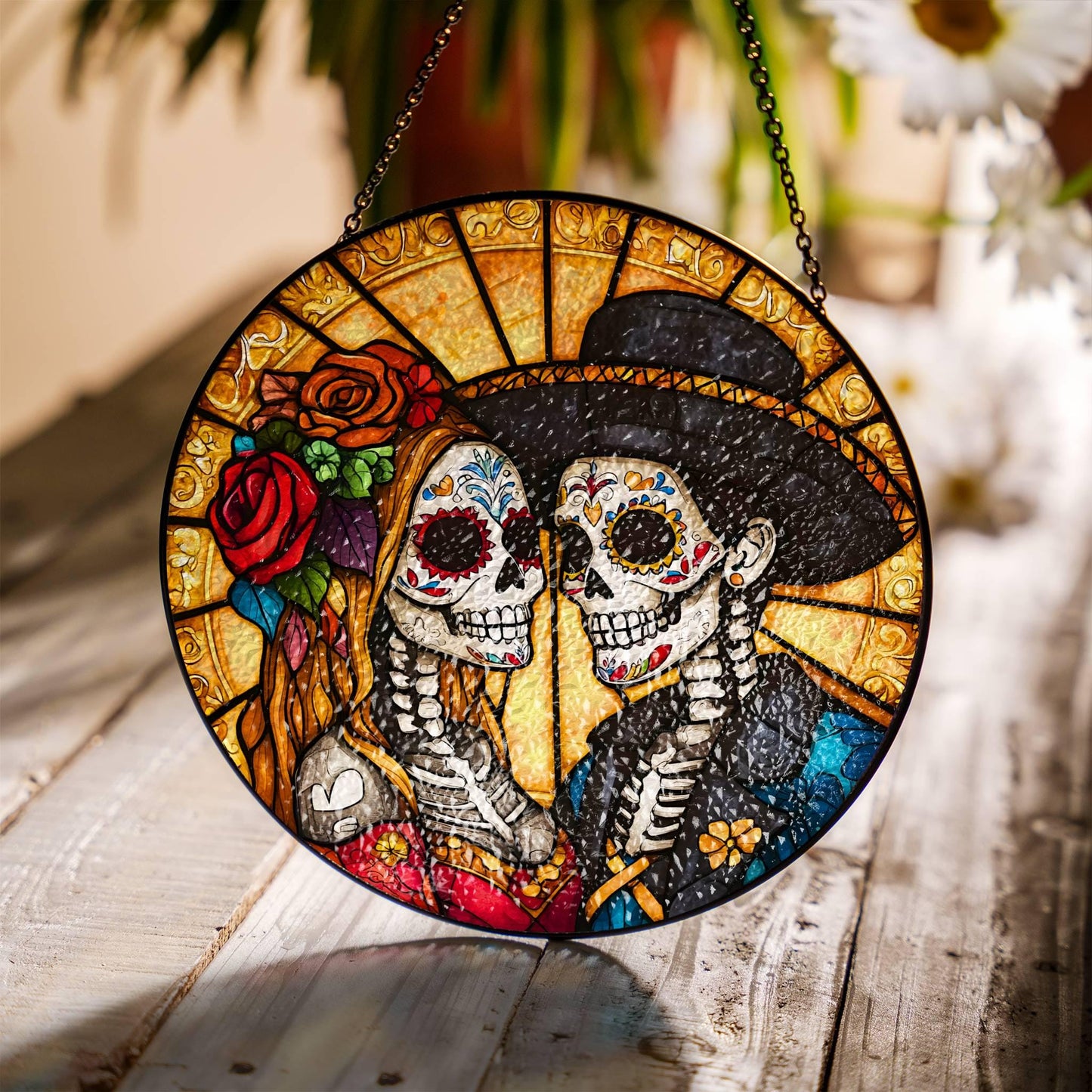 Day of the Dead Sugar Skull Couple Stained Glass SunCatcher Dia de los Muertos