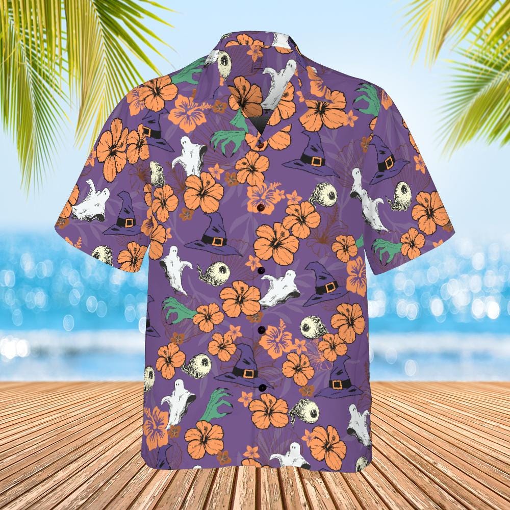 Halloween Hawaiian Shirt, Halloween Button Down Shirt Ghost Witch Skeleton Halloween Pattern