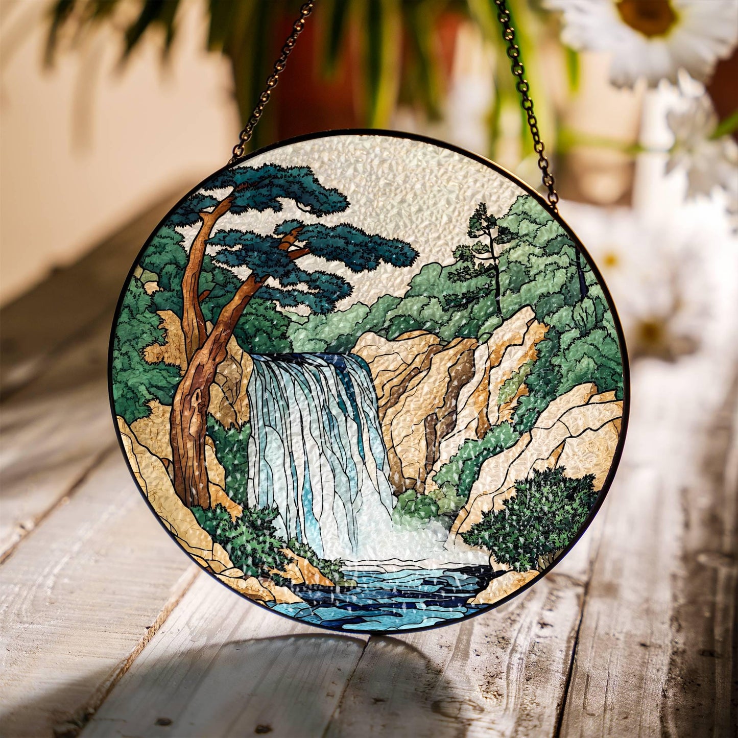 Waterfall Stained Glass SunCatcher Forest Landscape Light Catcher Window Hanging