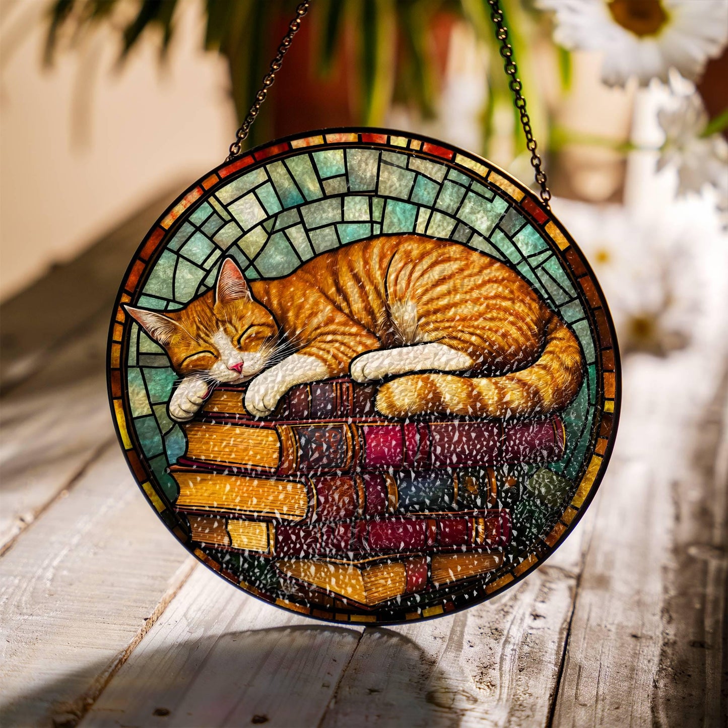 Sleeping Cat on Books Stained Glass Cat Memorial SunCatcher Window Hanging