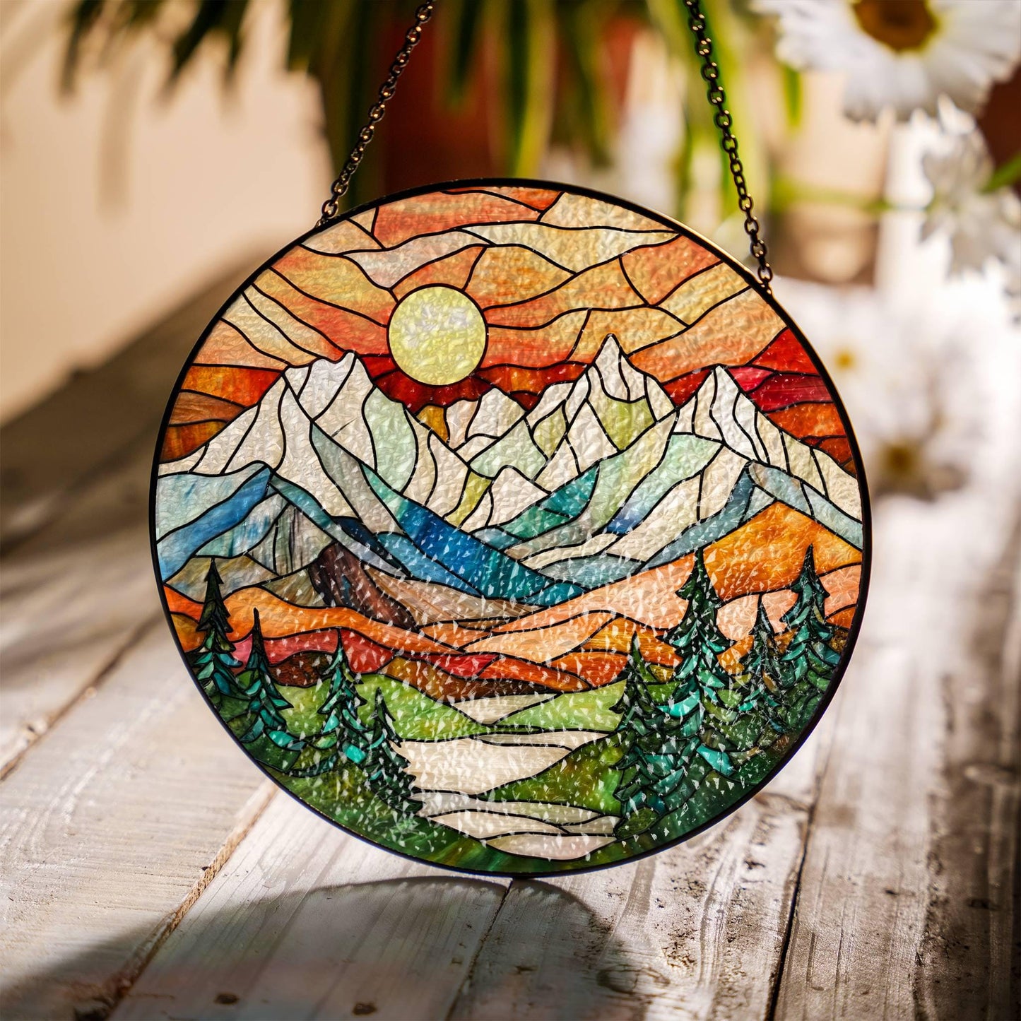 Mountain Range Stained Glass SunCatcher Sunset Window Hanging Scenery Art Decor