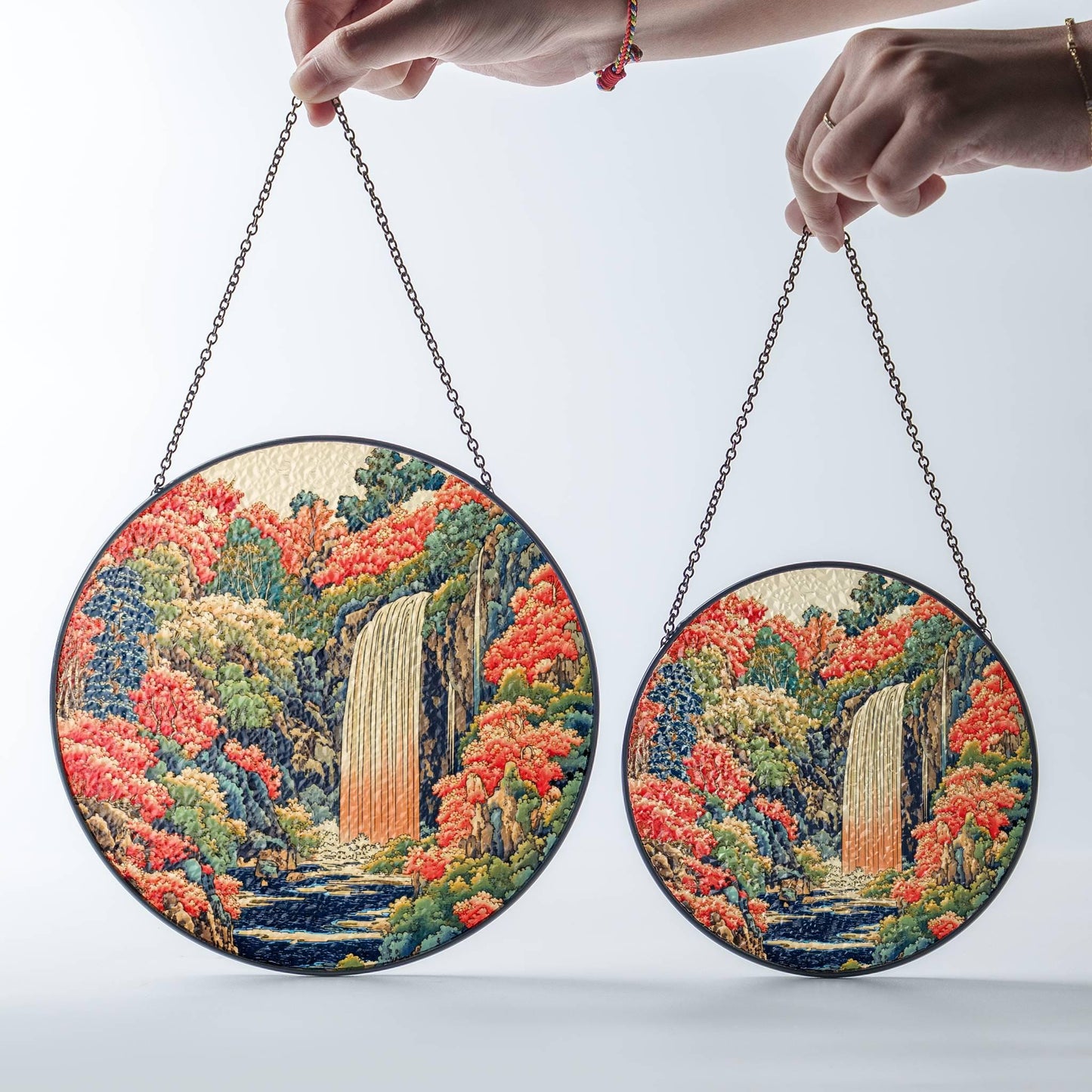 Waterfall Stained Glass SunCatcher Forest Landscape Light Catcher Window Hanging