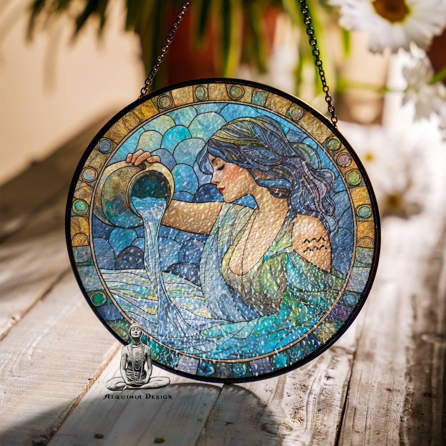 Aquarius Stained Glass Zodiac SunCatcher Aquarius Gift Window Hanging