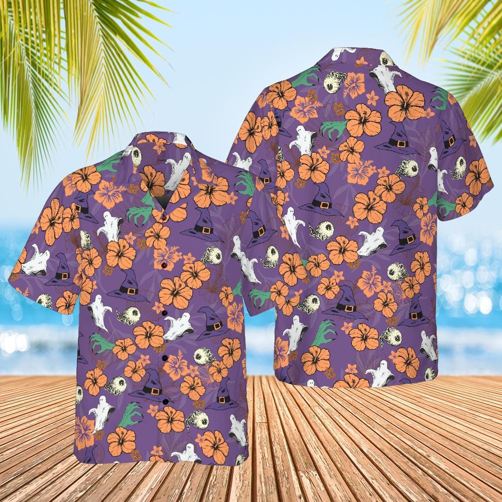 Halloween Hawaiian Shirt, Halloween Button Down Shirt Ghost Witch Skeleton Halloween Pattern