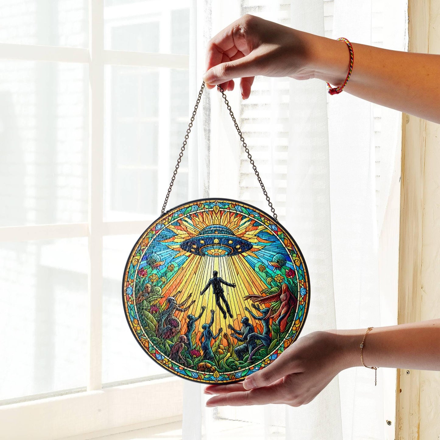 UFO Stained Glass SunCatcher UFO Abduction LightCatcher Cryptid Window Hanging