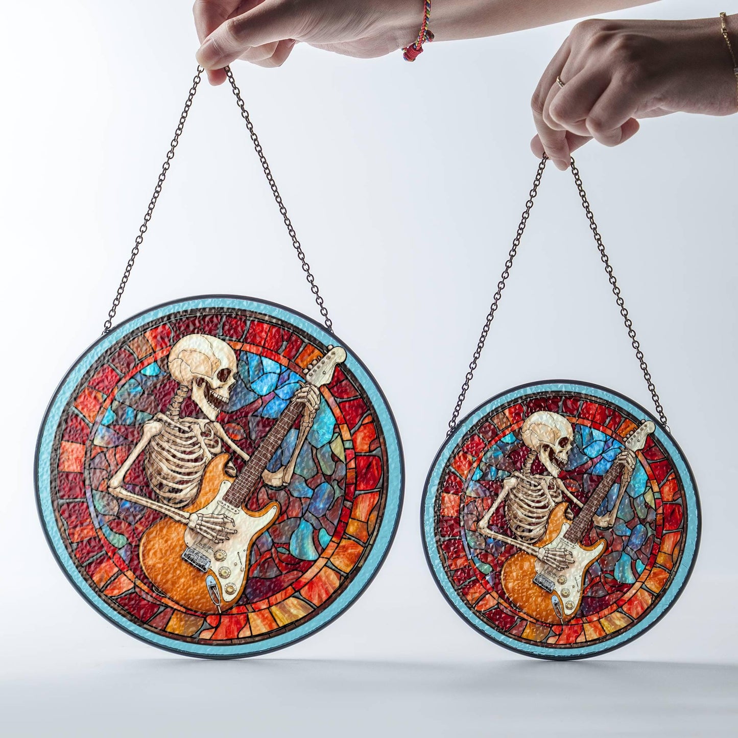 Guitarist Skeleton Stained Glass SunCatcher Guitar Window Hanging Home Decor
